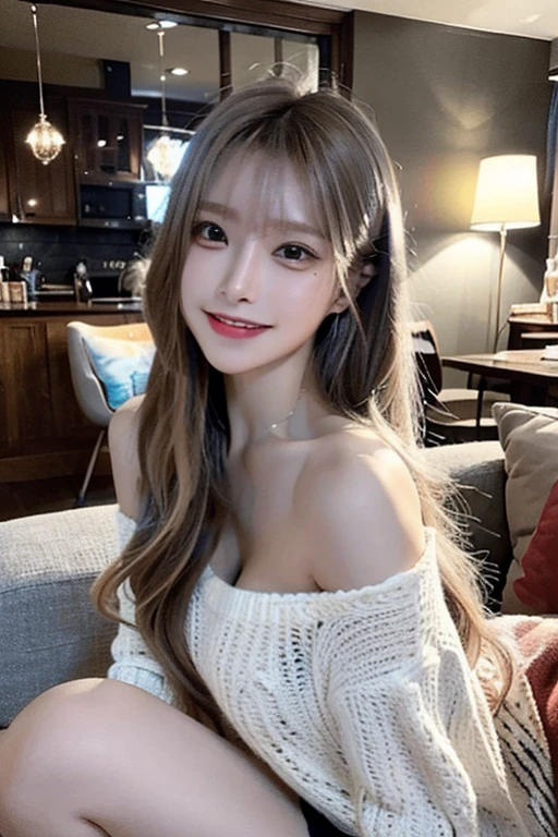 best qualtiy,tmasterpiece,超A high resolution,(realisticlying:1.4),
1girll long curly hair,Rich in detail, shoulder,cleavage,Knitwear, Deep shading, messy room, sit pose, Sitting on an object yoona snsd