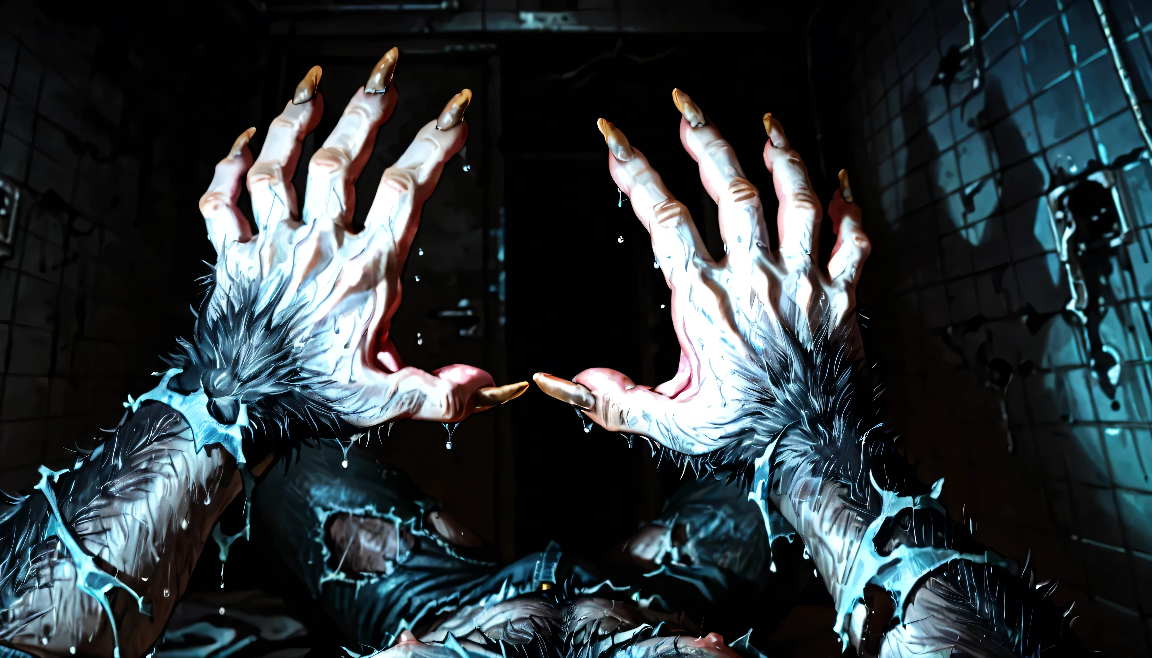 Pov, looking at own body, Werewolf:1.3, Werewolf transformation, body, morfing, paw:1.3, animal toes, grey thick fingers, claws, ((fur)), shaking:1.1, sweating, thick fingers, torn clothes, torn socks, deep night, ((darkness, dramatic moonlight, night)), abandoned hospital, ((Ultra-detailed, Realistic, realistic:1.37), 4k, 8k, RAW, HDR, UHD, Canon EOS P3, Canon EOS R3, 85mm f/1.4, 15mm, 35mm, 80mm, f2.8, high resolution, hd, full colour, 4k, high definition, sharp focus, smooth, Professional, cinematic, extreme detail, (high detail:1.4) description, masterpiece, deep shades, best quality,))