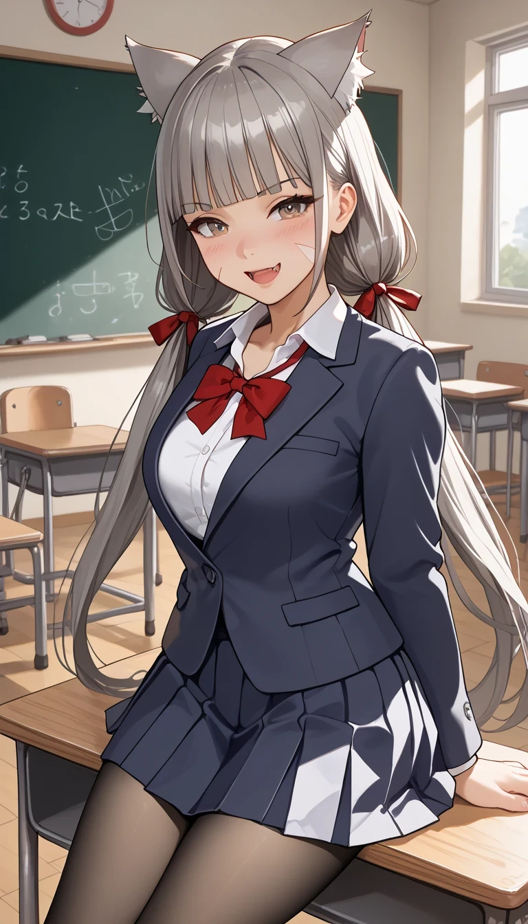 score_9, score_8_up, score_7_up, source_anime、top quality in the classroom、8k、 masterpiece、Ultra High Precision、 natural light、perfect anatomy from a shellfish、 perfect eye、beautiful eyes、one woman、medium chest、saggy breasts:1.6、Baby Face、blDnia , cat ears, grey hair, low twintails, very long hair, blunt bangs, facial mark, hair ribbon, School uniform、((blazers、ribbon))、mini skirt、pantyhose、(embarrassing:1.3、happy、fun)、(school classroom)、 stand and pose