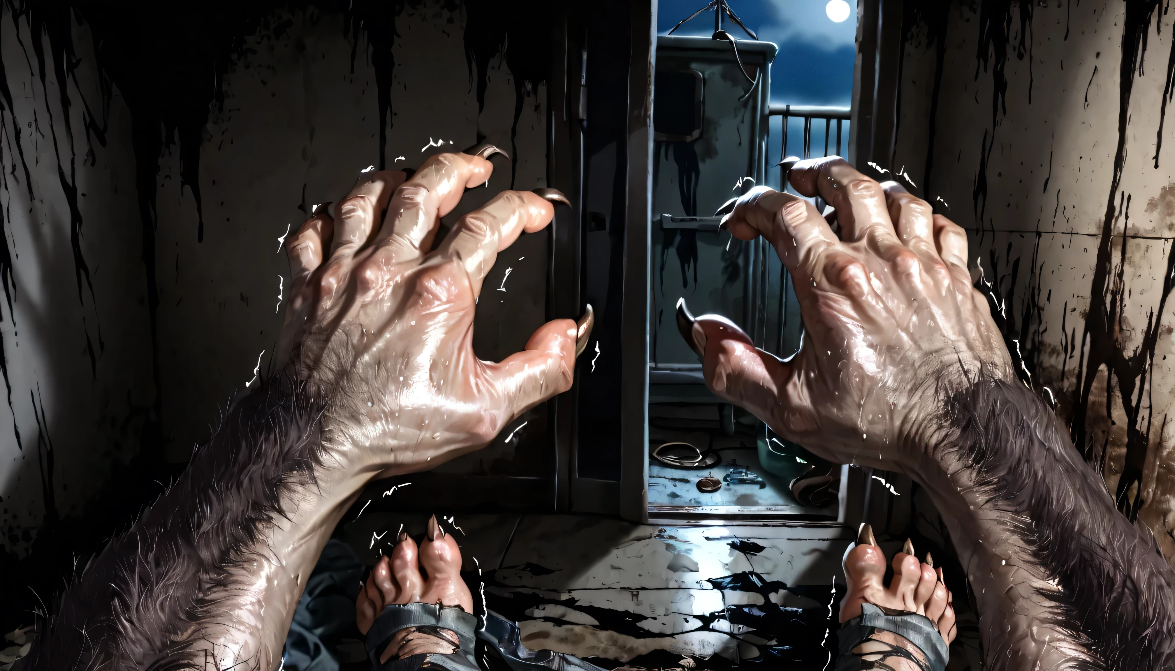 Pov, looking at own body, Werewolf:1.3, Werewolf transformation, body, morfing, paw:1.3, animal toes, grey thick fingers, claws, ((fur)), shaking:1.1, sweating, thick fingers, torn clothes, torn socks, deep night, ((darkness, dramatic moonlight, night)), abandoned hospital, ((Ultra-detailed, Realistic, realistic:1.37), 4k, 8k, RAW, HDR, UHD, Canon EOS P3, Canon EOS R3, 85mm f/1.4, 15mm, 35mm, 80mm, f2.8, high resolution, hd, full colour, 4k, high definition, sharp focus, smooth, Professional, cinematic, extreme detail, (high detail:1.4) description, masterpiece, deep shades, best quality,))