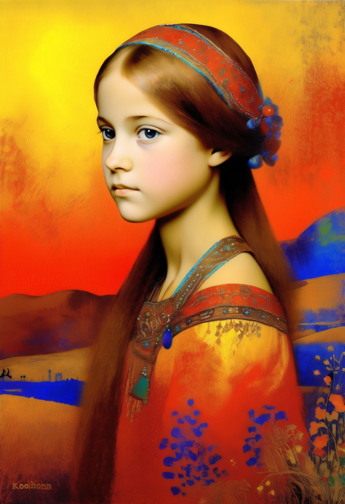 [[((Khokhloma painting), young Hera Hilmar with brown hair / Style  (Created by Odilon-Redon ) [ Sienna:0.33 / Atlas:0,2 / henna:0,33 / Crimson:0,2,  Very colorful Russian landscape, ((oil painting with palette  ))((  Masterpiece )),((   highest detail))]]
