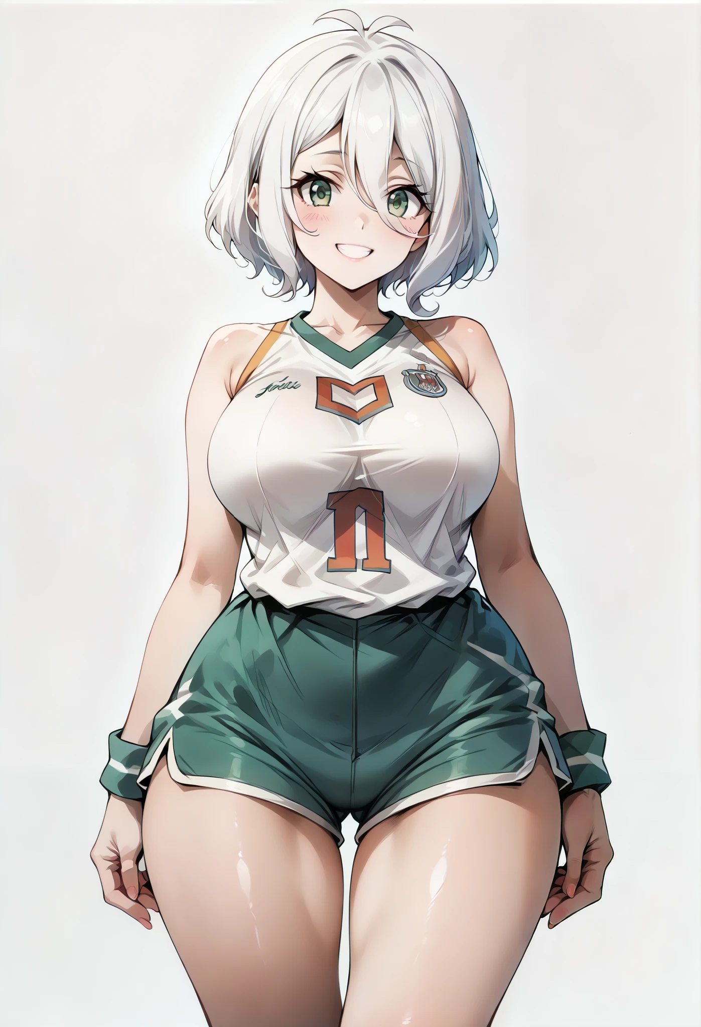 score_9, score_8_up, score_7_up, source_anime, 4K,perfect fingers,(perfect hands, perfect anatomy),prefect lighting, very aesthetic, intricate details,highly detailed background, masterpiece, high quality, best quality, high resolution,
1 girl,solo,Kokoro(Princess Connect, White Hair, large breast,,
wearing ((basketball uniform, basketball jersery, sportswear, jersey, shorts, sleeveless, )) ,,
looking at the spectator, cowboy shot, filed, Arms Behind Back, high thigh individual , (large breasts:0.9),Stand up,fullbody,((White plain background:1.5)) ,smile,((front look:1.5)), (no ball:1.7)),