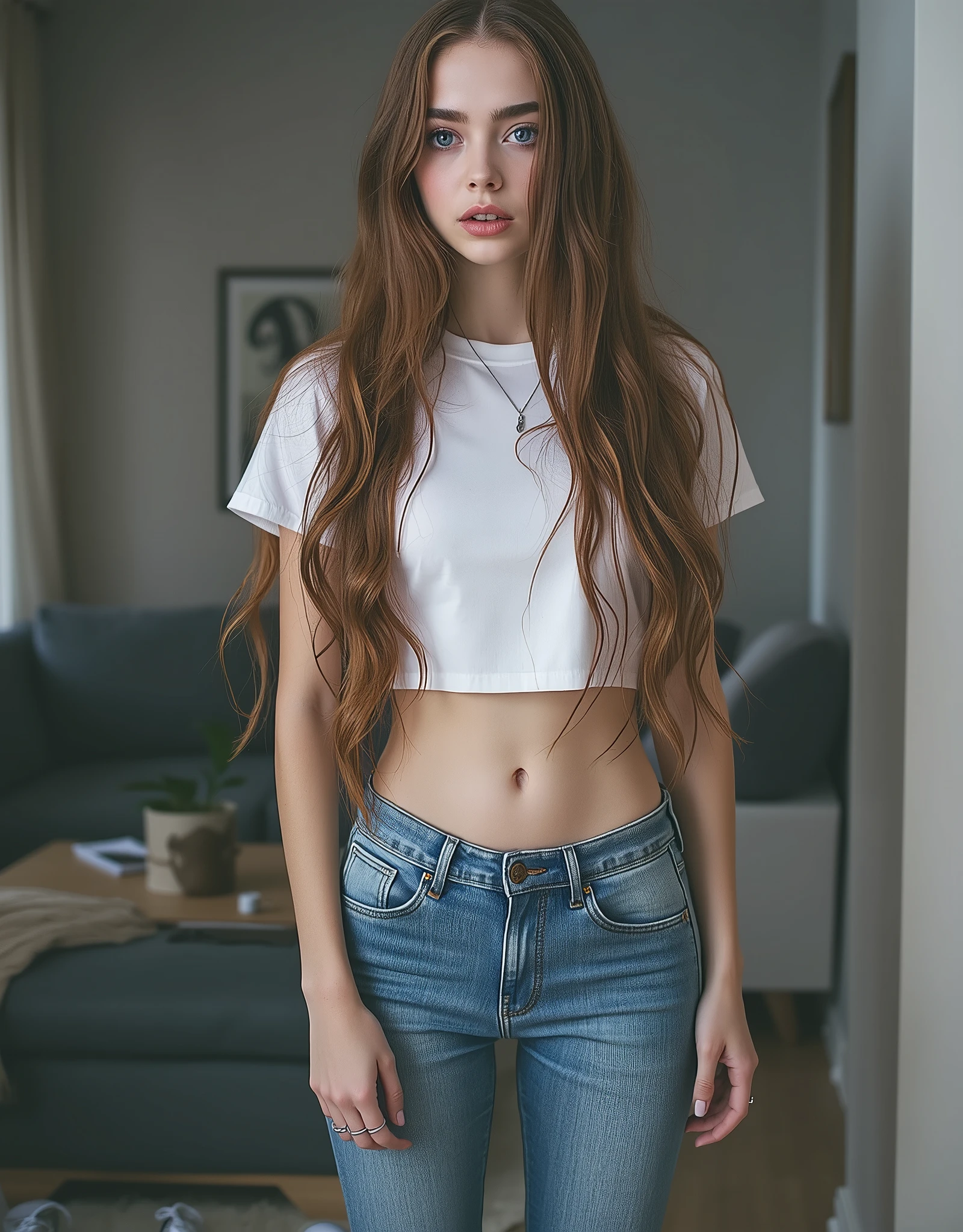 core_9, picture of 1girl, girl, full body visible, young, posing, seductive posing,standing, adorable, thin, skinny, Long hair, fit, long legs, bright blue eyes, ((small skinny waist)), cute, feminine, (skintight cropped white t-shirt), wearing tight jeans, (jeans), (wearing white high top converse sneakers), in a neutral room, natural skin, (freckles), freckled face, thick reddish brown eyebrows, black eyeliner and long lashes, wearing makup, wearing silver rings, wearing silver necklace, german:1, stern, looking down on you, domineering expression, impatient,good lighting, long intricate reddish brown hair, focus on sneakers, cinemative light, shadows, slim skinny body, petite body, round face, youthful face, candid, perfect eyes, Reddit, amateur, real life photo, full body shot, low camera angle