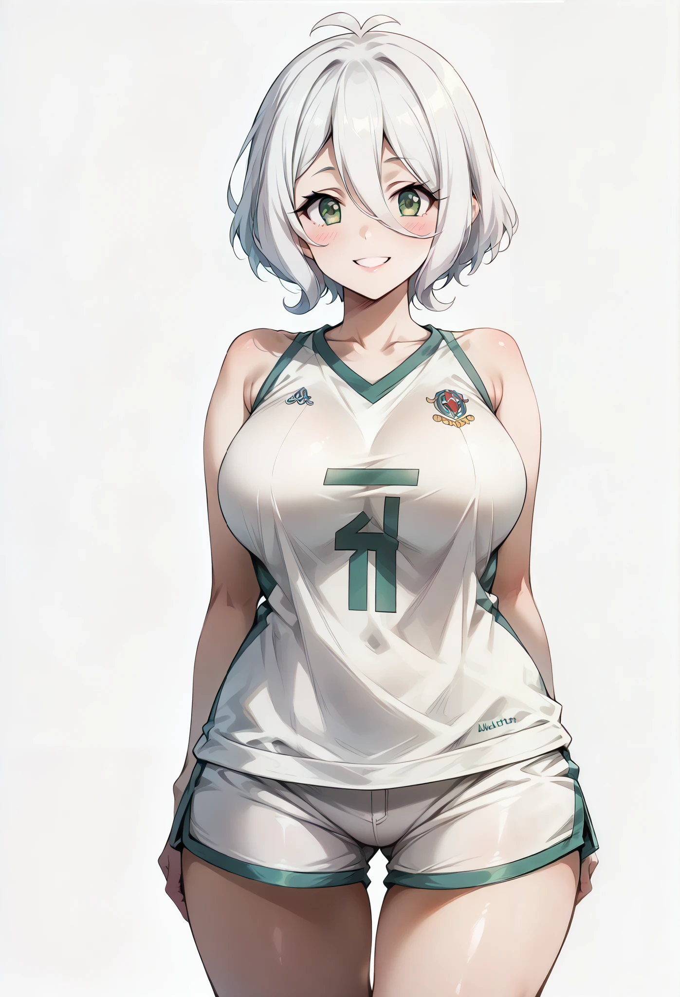 score_9, score_8_up, score_7_up, source_anime, 4K,perfect fingers,(perfect hands, perfect anatomy),prefect lighting, very aesthetic, intricate details,highly detailed background, masterpiece, high quality, best quality, high resolution,
1 girl,solo,Kokoro(Princess Connect, White Hair, large breast,,
wearing ((basketball uniform, basketball jersery, sportswear, jersey, shorts, sleeveless, )) ,,
looking at the spectator, cowboy shot, filed, Arms Behind Back, high thigh individual , (large breasts:0.9),Stand up,fullbody,((White plain background:1.5)) ,smile,((front look:1.5)), (no ball:1.7)),
