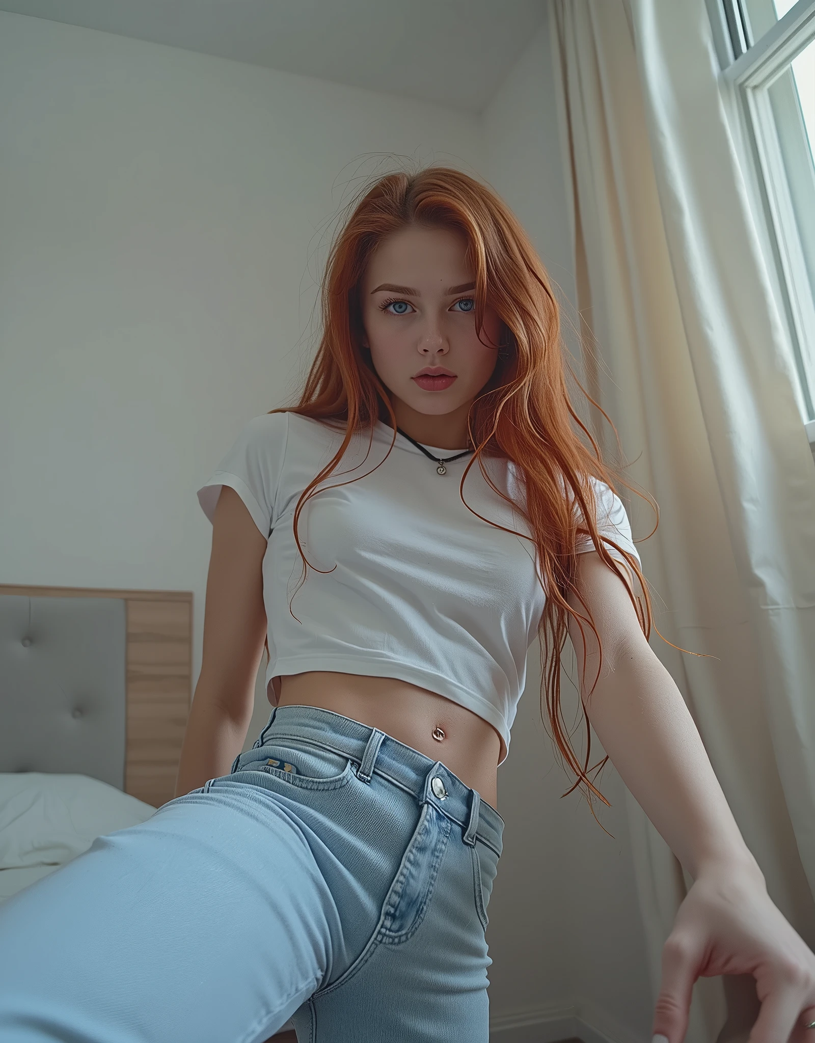 core_9, picture of 1girl, girl, full body visible, young, posing, seductive posing,standing, adorable, Long hair, fit, long legs, bright blue eyes, ((small skinny waist)), cute, feminine, (skintight cropped white t-shirt), wearing tight jeans, (jeans), (wearing white high top converse sneakers), in a neutral room, natural skin, (freckles), freckled face, thick reddish brown eyebrows, black eyeliner and long lashes, wearing makup, wearing silver rings, wearing silver necklace, german:1, stern, looking down on you, domineering expression, impatient,good lighting, long intricate reddish brown hair, focus on sneakers, cinemative light, shadows, petite body, round face, youthful face, candid, perfect eyes, Reddit, amateur, real life photo, full body shot, low camera angle