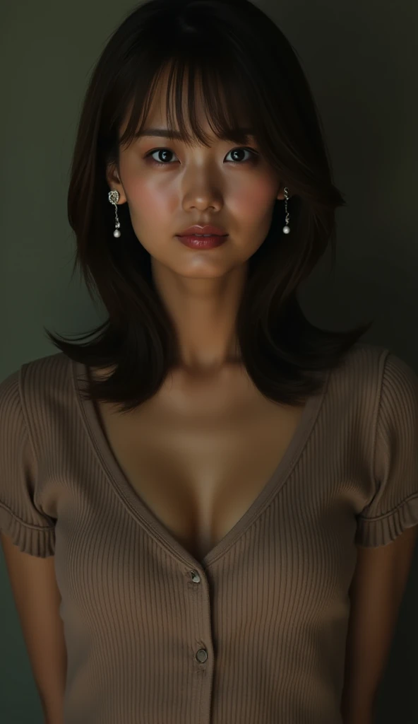 A brunette girl with straight hair indian and big breasts dressed well,background with a good lighting background ,hyper realistic photo,make this image as natural