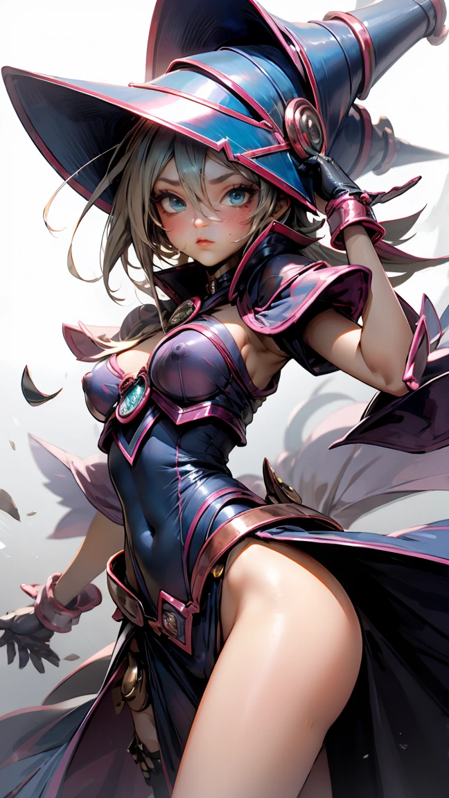 black magician girl、super chestousthick、by rubio、magic circle、8k, 4k, of the highest quality, High resolution: 1.2),flicker、an exposed breast、cute anime face、pink blush on the cheeks.、noise removal、Leotard that bites、have a cane、Hold your cane、