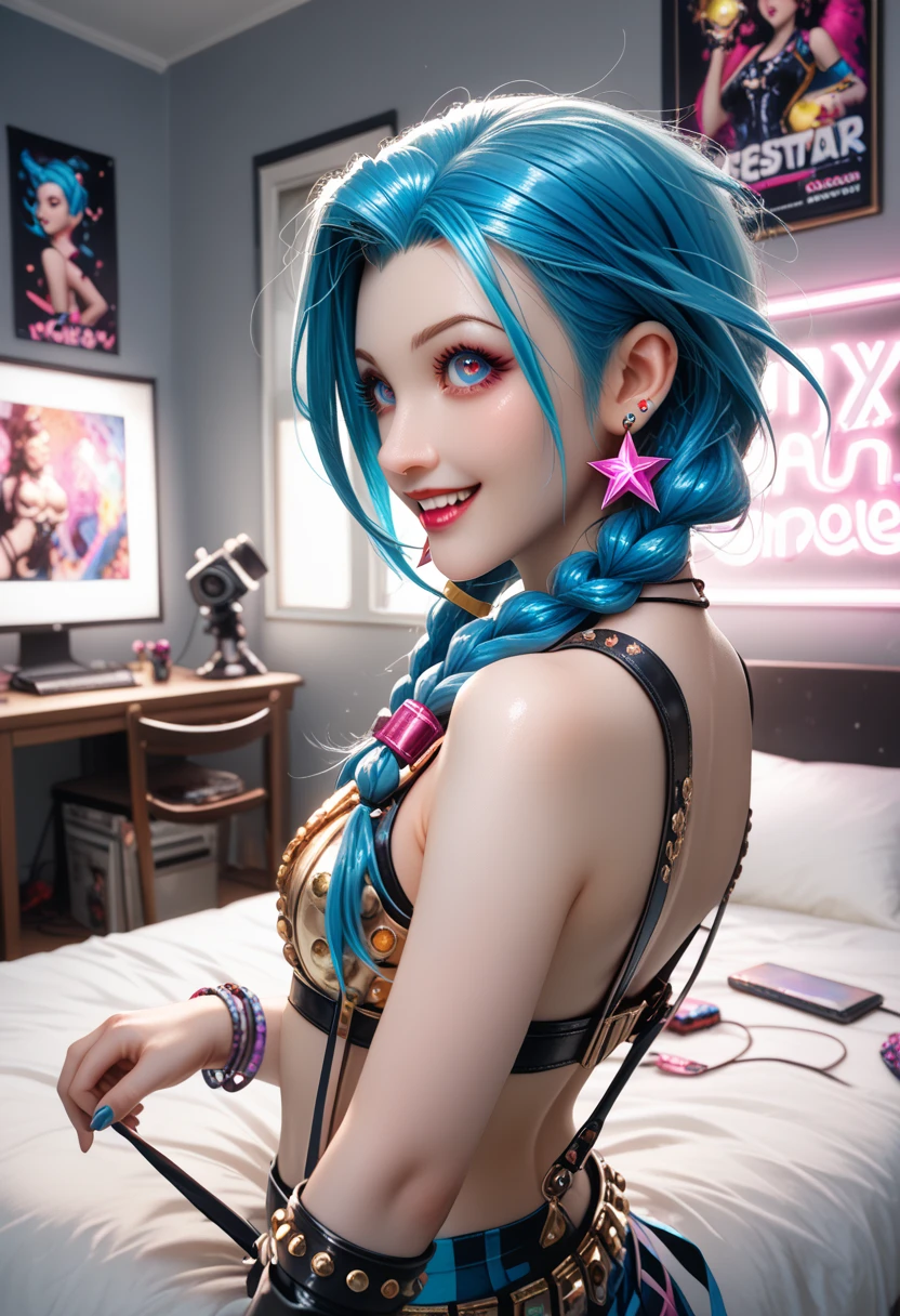 egirl as harlequin nude, long pink and blue hair with a choker in the background, synth wave color palette, trend in artstation, trend on CGSociety, Intricate, High detail, sharp focus, dramatic, full body shot dressed in lace lying in armchair on a ship on the moon watching a video on a screen, trend on tiktok
