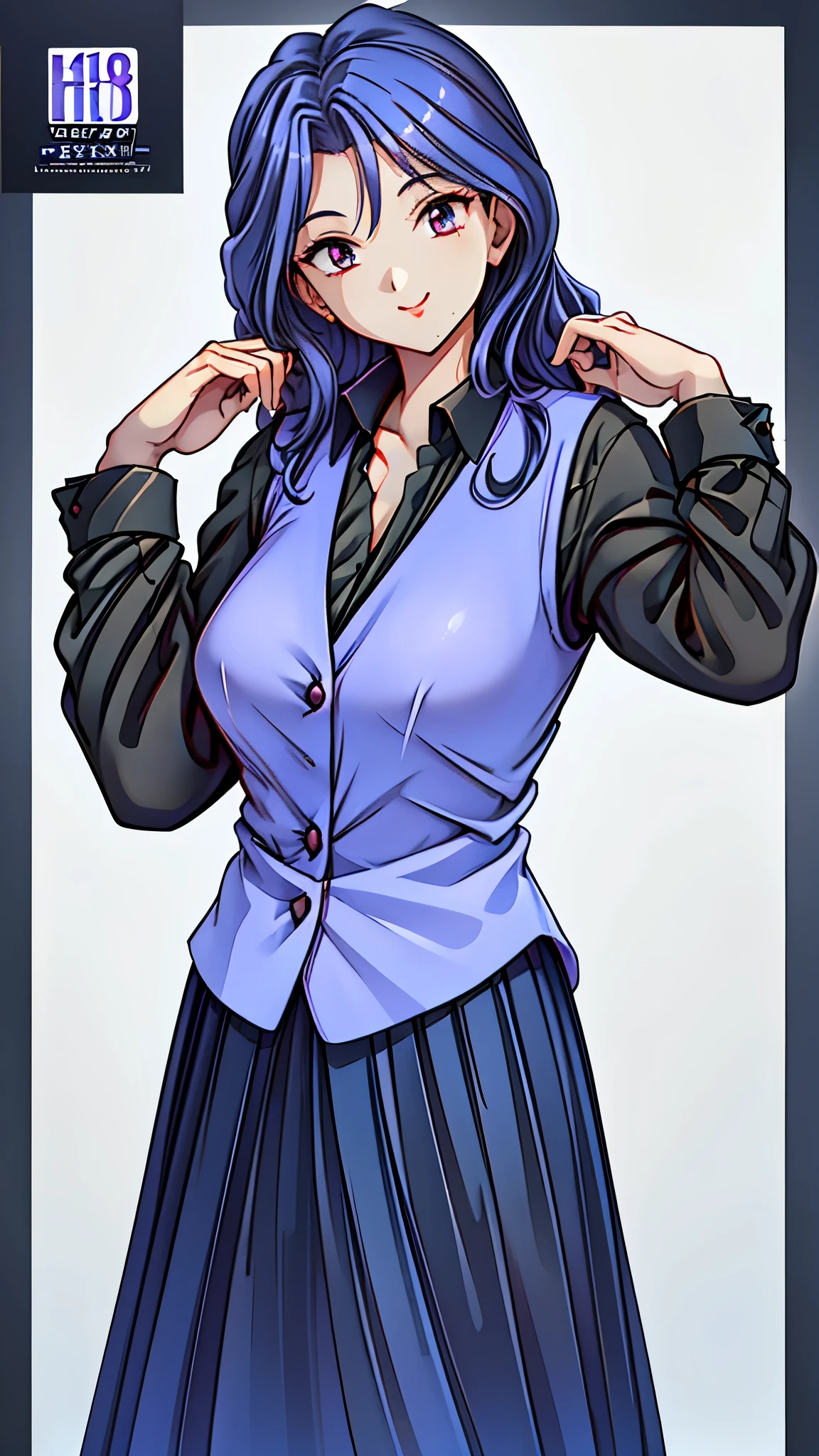 (super quality,super high resolution,16k,Super Masterpiece,Ultra HD ,detailed shading and background,)Sexy Female Teacher ,long black hair, long sleeve black shirt,Purple vest,The Valley of the Chest,cover,smile,in front of the blackboard,