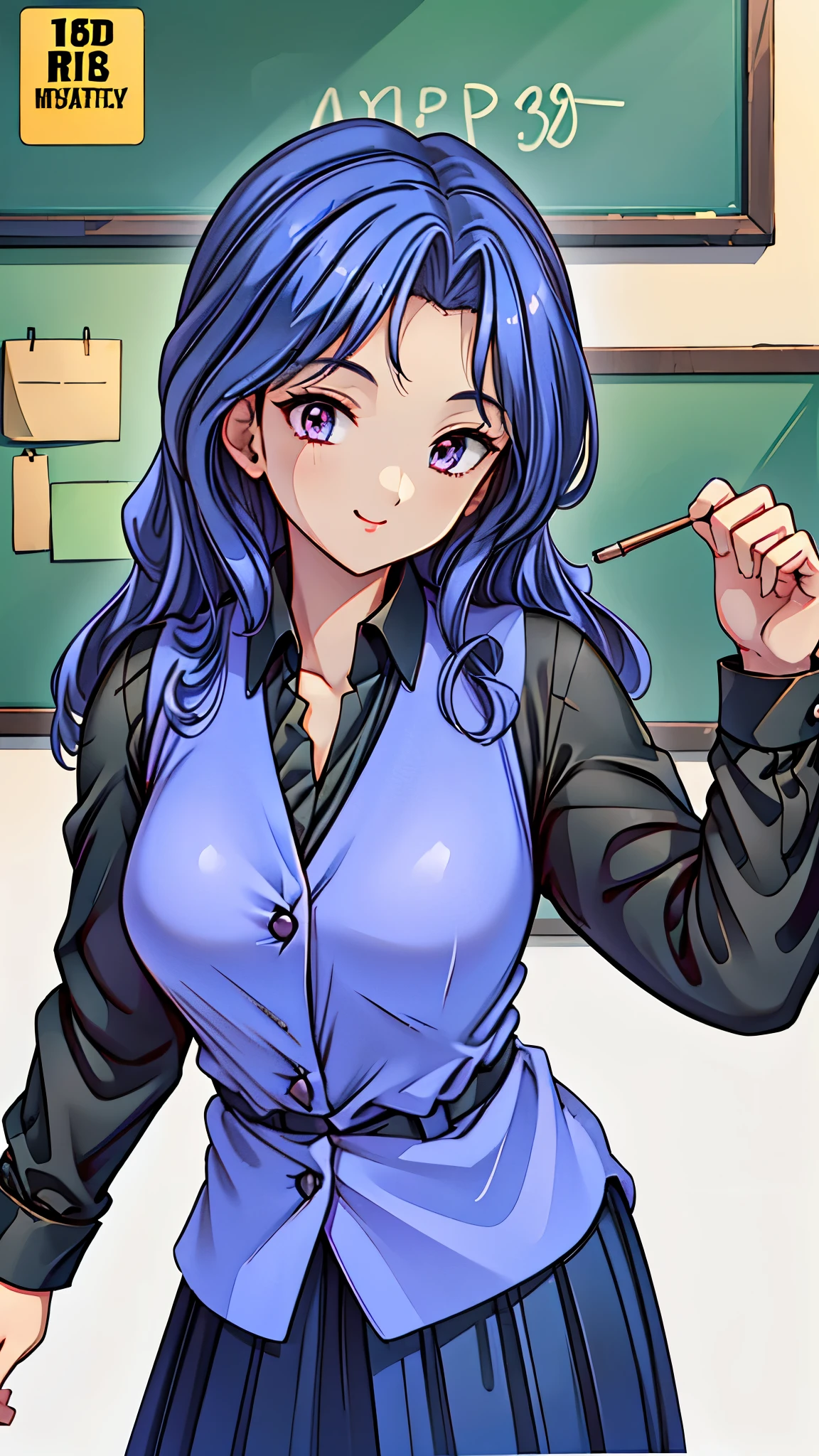 (super quality,super high resolution,16k,Super Masterpiece,Ultra HD ,detailed shading and background,)Sexy Female Teacher ,long black hair, long sleeve black shirt,Purple vest,The Valley of the Chest,cover,smile,in front of the blackboard,