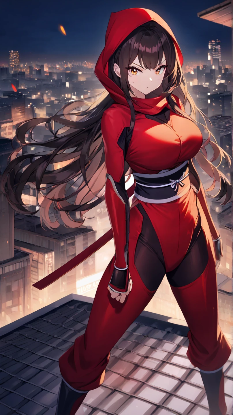 Ninja suit, ninja pose, long red scarf, huge tits Rubor, red eyes, Japanese garden in the background
