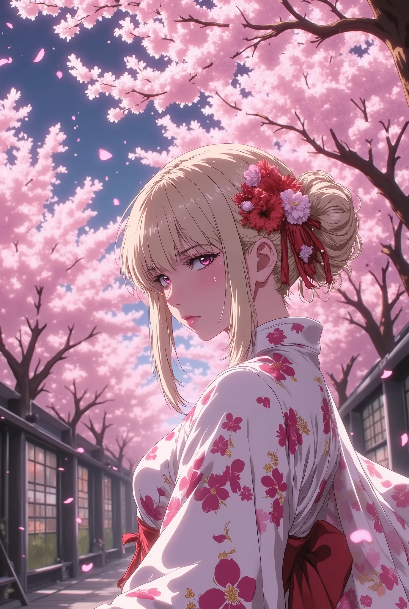 sakuya hime、arm up。 ((lots of cherry blossom petals:1.5))、from side, side view,egmid、cowboy shot,ローアングル。from below,アクティブアングル。女性忍者。ミニスカート。フィンガーレスグローブ。忍術。桜吹雪。大量の桜の花びら。忍術の構え。桜の木。アニメ。anime,魔法詠唱。戦闘姿勢。hand ,パーフェクトハンド。魔法の輝き。cherry blossom petals-