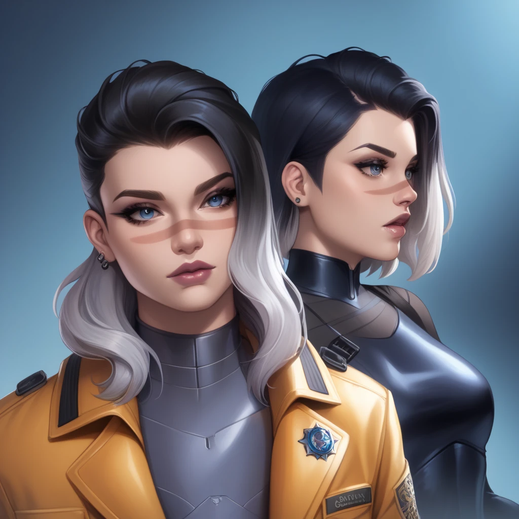 Widowmaker is a character in the video game Overwatch.
pale skinned.
Cabelos longos e azuis.
Wears a purple spy costume, Black and blue with cybernetic details.
Capacete com viseira azul.
Technological bracelet on the left wrist.