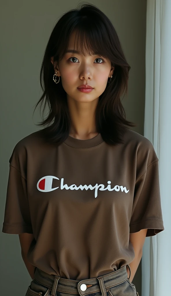 Japanese woman with brown denim and Champion logo t-shirt with arms restrained behind