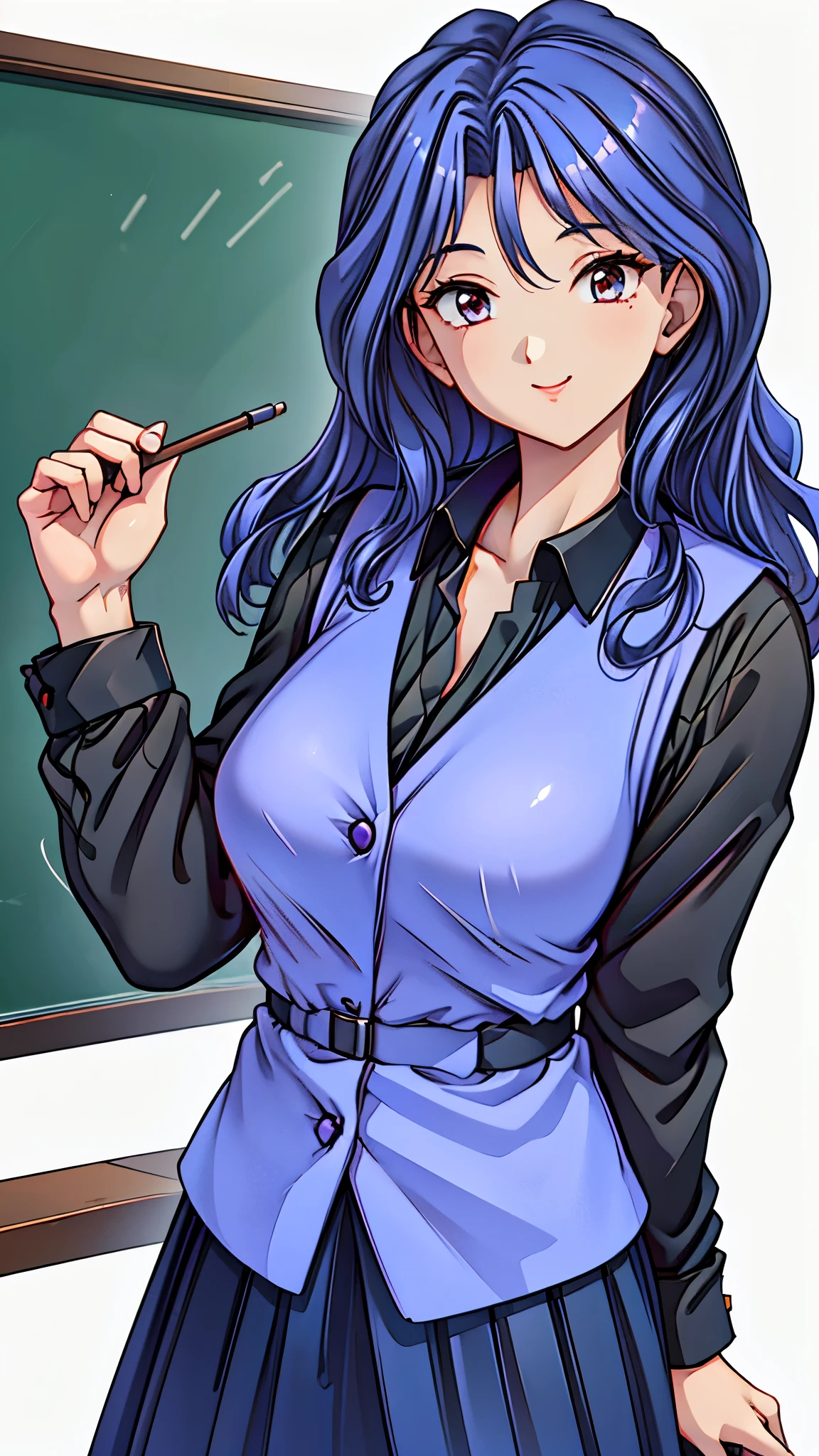 (super quality,super high resolution,16k,Super Masterpiece,Ultra HD ,detailed shading and background,)Sexy Female Teacher ,long black hair, long sleeve black shirt,Purple vest,The Valley of the Chest,cover,smile,in front of the blackboard,