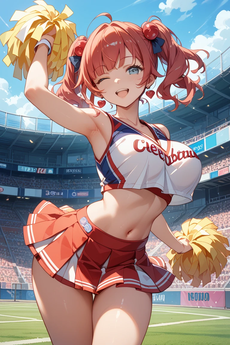 highest quality、complete limbs、A beautiful woman in her 20s、cheerleader、(orange hair woman:1.3)、short hair woman、beautiful big breasted woman、big smile、(オレンジ色と黒色のcheerleaderコスチュームを着た女性:1.3)、A woman wearing a super miniskirt、orange pants、dancing、baseball Ground、ground