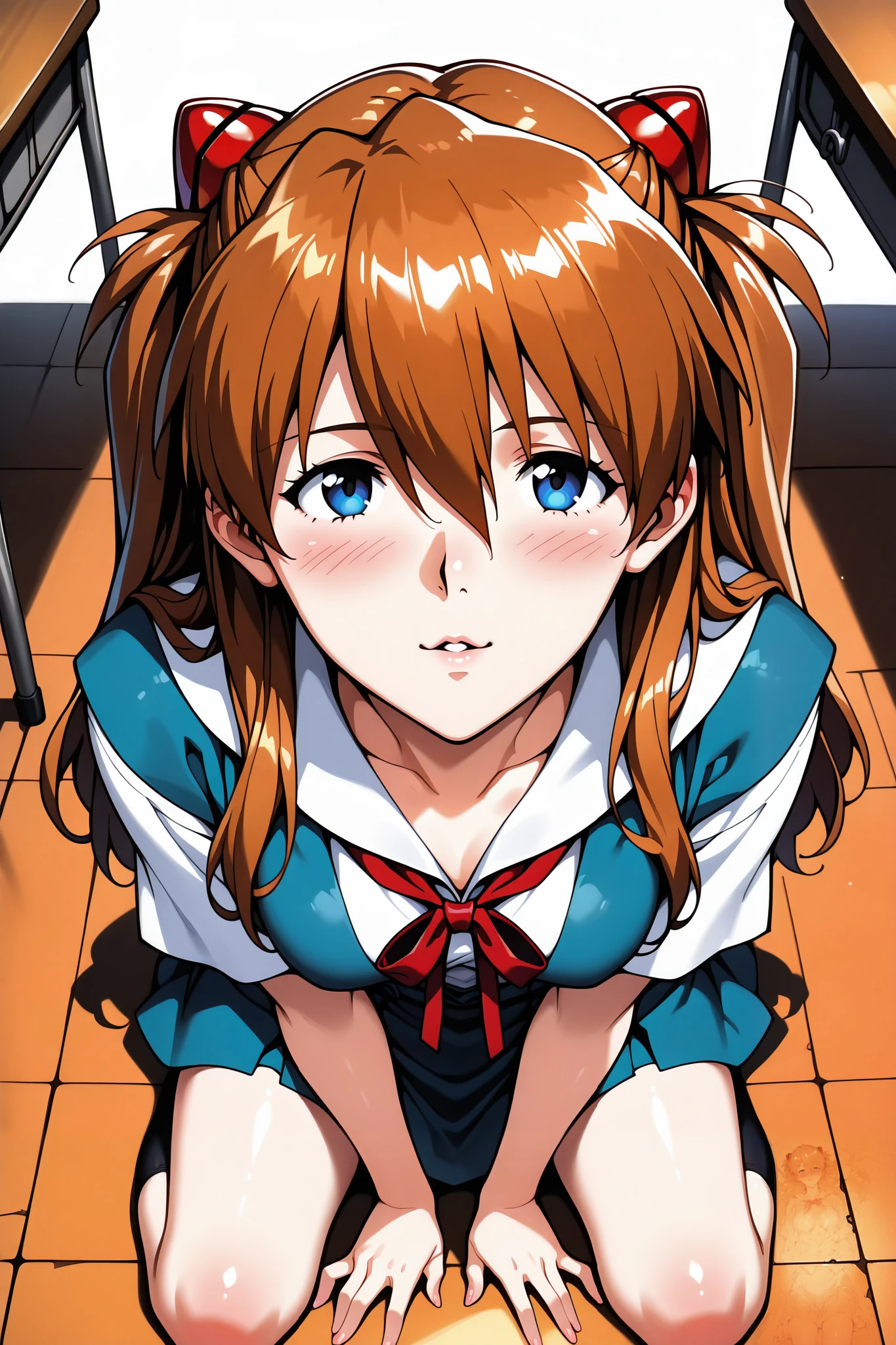 score_9, score_8_up, score_7_up, score_6_up, source_Evangelion
highly detailed eyes, perfect eyes:1.1, 1 girl, feminine, Bust shot
best quality, details, newest, AI-generated, super high resolution, Viewers,incoming kiss, standing,
curvilinear, anatomically correct, detailsな肌, white background, no background, less eye blow, tokyo-3 middle school uniform, smile, blush,
(Soryu Asuka Langley, brown hair, long hair, blue eyes), (big on the floor:1.3), Classroom,