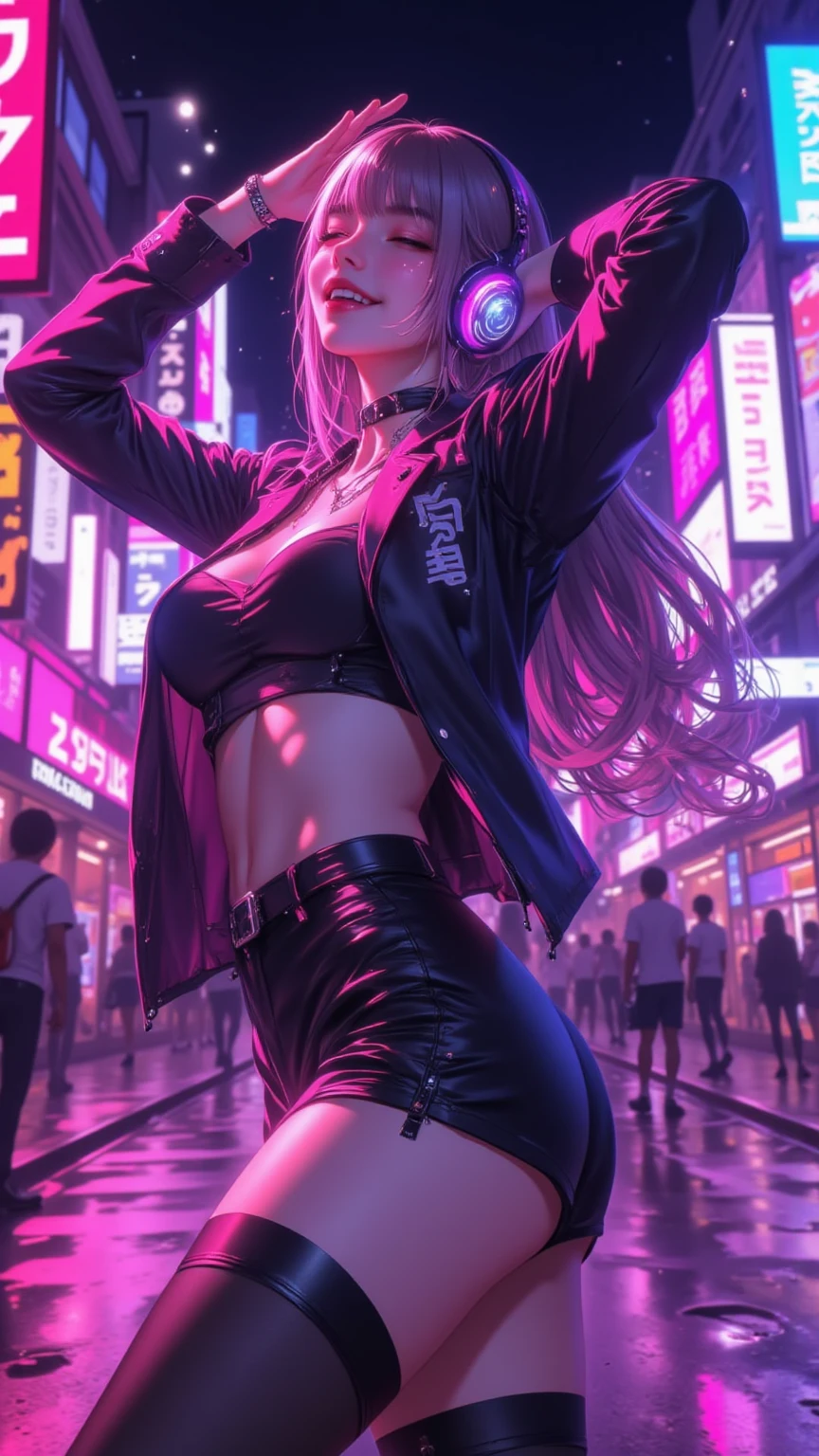 Best Quality, Realistic, Realistic, Award-Winning Illustration, (Complicated Detail: 1.2), (Fine Detail), (Complicated Detail), (Cinematic Lights, Best Quality Backlight), Crisp Lines, Crisp focus, official art, unity 8k wallpaper, absurd, unbelievably absurd, huge file size, ultra- (in_main_street:1.21), (neon lamp), fantasy art, rtx,((triangle closeup photo by award winning studio )), 1girl, very pretty, (shut up), small boobs, ((Cyberpunk city Street, Battle Maiden, Katana, robot arm)), beautiful detailed eyes, Perfect Face, (Cyberpunk blouse, leather jacket, Martin boots) ,(headphones_around_neck),(headphones_around_hair),((pleated skirt) ), ((supermodel pose)), --auto --s2