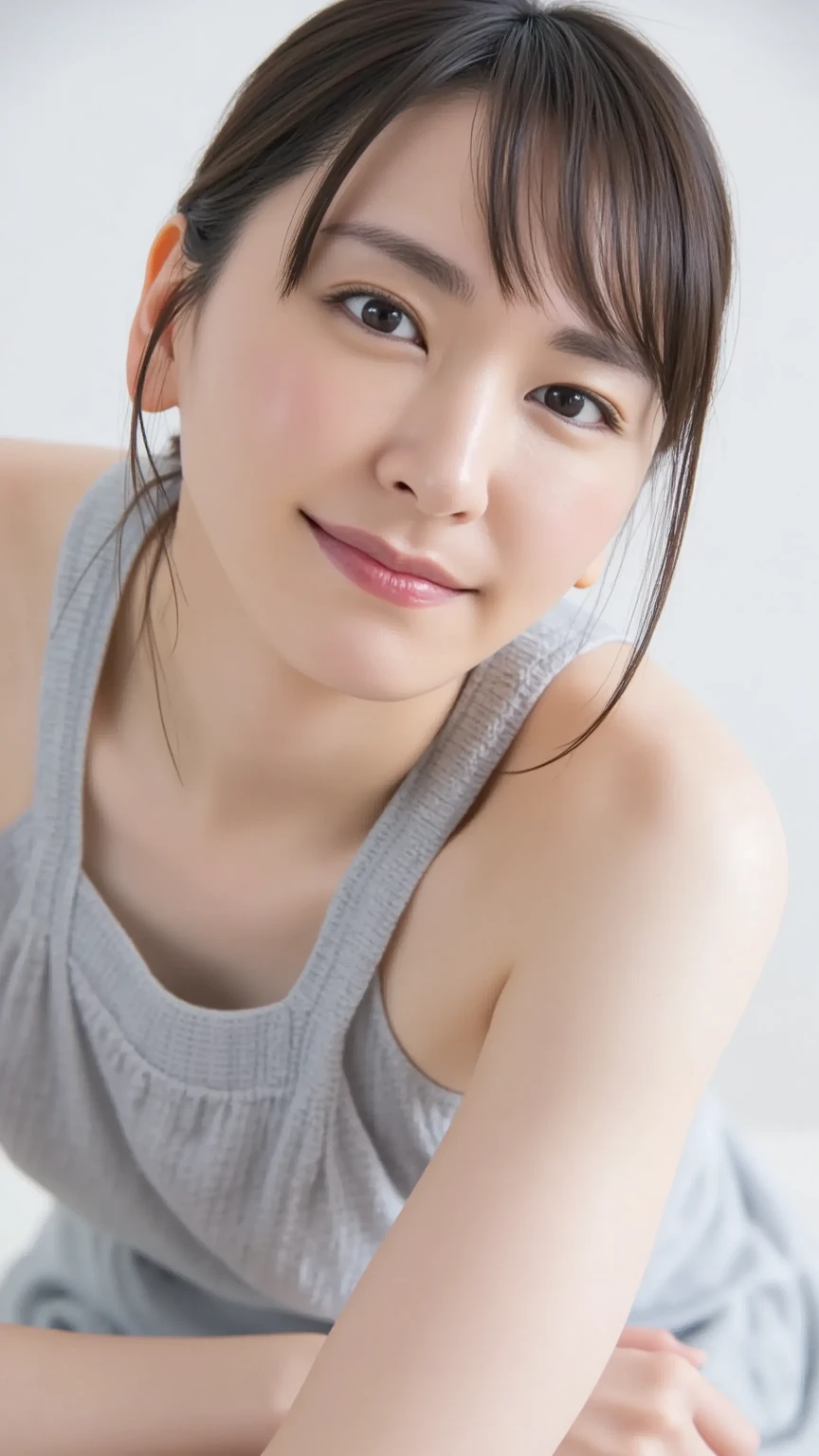 Upper body portrait of a Japanese female high school student。Her straight black hair is shoulder length、Bangs reach the eyebrows。Each and every hair is drawn in detail、Has a natural shine、It appears shiny where light hits it。
Her face is depicted with great detail and anatomical accuracy.。Skin is of the highest quality and has a realistic texture、Looks smooth and shiny。Even the pores and fine hairs are delicately expressed.、Cheeks have a natural pale pink color。Fine freckles and、Fine lines on the forehead、The facial wrinkles that appear when laughing are also depicted realistically.。
The big brown eyes、The iris pattern is depicted in detail.、The pupil is clearly visible in the center。The light from the window is reflected in her eyes、The reflection of the light gives the eyes a little sparkle.。Thin blood vessels are visible in the whites of the eyes around the pupils.、It's becoming more realistic。Her eyelashes are long、Each piece is carefully drawn。Eyebrows in a natural shape、The flow of hair is clearly visible。The small unevenness of the skin between the eyebrows、Even the fine wrinkles around the eyes are depicted in detail.。
A small, high nose、I see a slight reflection of light on my nose、The shape of the nostrils is also drawn naturally.。The texture of the skin around the nose is realistic.。High cheekbones accentuate the contours of the face、The smooth curves of the cheeks are drawn.。
Her mouth is a bright smile、I can see my pure white teeth。Lips are naturally pink、The texture and shine of the lips are realistically expressed.。There is a subtle shadow around the edge of the lips.、It has a three-dimensional effect。The surface of the teeth reflects subtle light.、The gums are a natural, healthy pink color.。
The smooth jaw and face line are beautifully shaped.、There is a slight shadow under the chin、The boundary with the neck is drawn naturally.。The fine muscle lines are visible on the neck.、Gives a healthy impression。She is wearing a white blouse and a navy blue sailor uniform.、The uniform has a neatly tied red ribbon on the collar.。The texture and wrinkles of the clothing's fibers are also depicted in detail.。
The background is a natural light color gradient.、It highlights her face and her clothes.。With realistic lighting、The soft light gently illuminates her face、The backlight uses ray tracing technology.。The light warms her skin、The subtle shading emphasizes the three-dimensionality of the face.。Adding film grain effect、Fine details are emphasized、Overall natural and gentle look、Delicate light and shadow、Sharp details are achieved。
This portrait is、In 32K high resolution、Extremely realistic and beautifully finished。