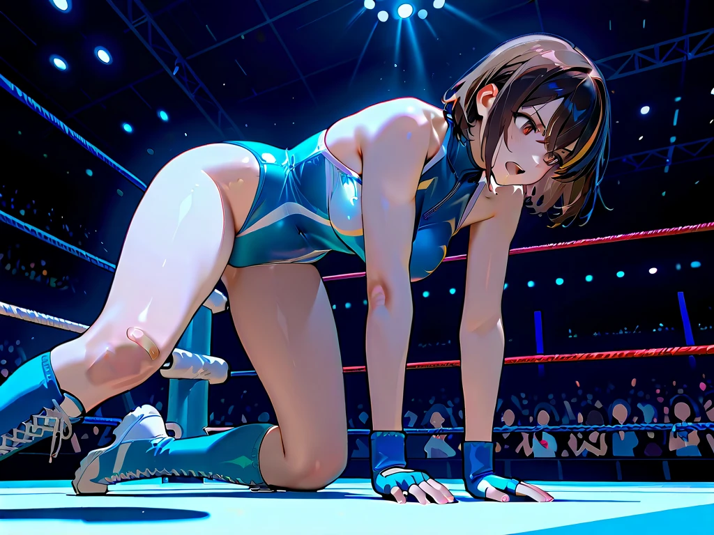 (absurdres, best high quality image, carefuly detailed features and textures, very detailed image, solo character alone, back view): {{(1character: 20 years old human mage girl), (beautiful features, fair skin, medium straight light-brown hair, green eyes, medium breasts, nice body), (light-blue two-piece-wrestling-outfit, light-blue wrestling bra, light-blue wrestling thong, light blue wrestling boots, light-blue wrestling gloves), (calm happy smile, relaxed expression, ready to wrestle), (wrestling gym)}}