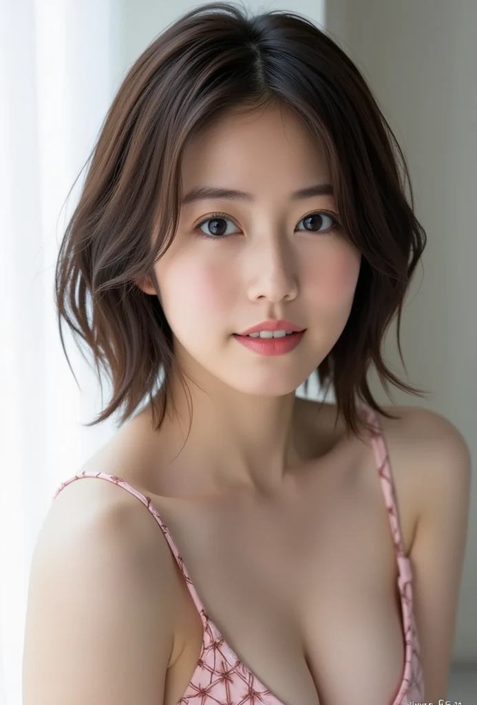 ((Highest quality, 8k, realistic photographic expression、masterpiece: 1.3))、（(Slender body:1.4 )）、(((Cute face、55-year-old Japanese womatomically correct、charisma)))、(Slim and toned waist:1.3),(((Saggy tits)))、((Brown, messy medium length hair、With bangs))、((Purple bra with lace))、Perfect Makeup、((A refreshing smile))、Thin legs, Small face with pointed chin、Rough skin、Long droopy eyes、Wrinkles around the eyes、necklace, (Professional cool lighting:1.3)、(Waist to head:1.2))、cool and simple dark wall background