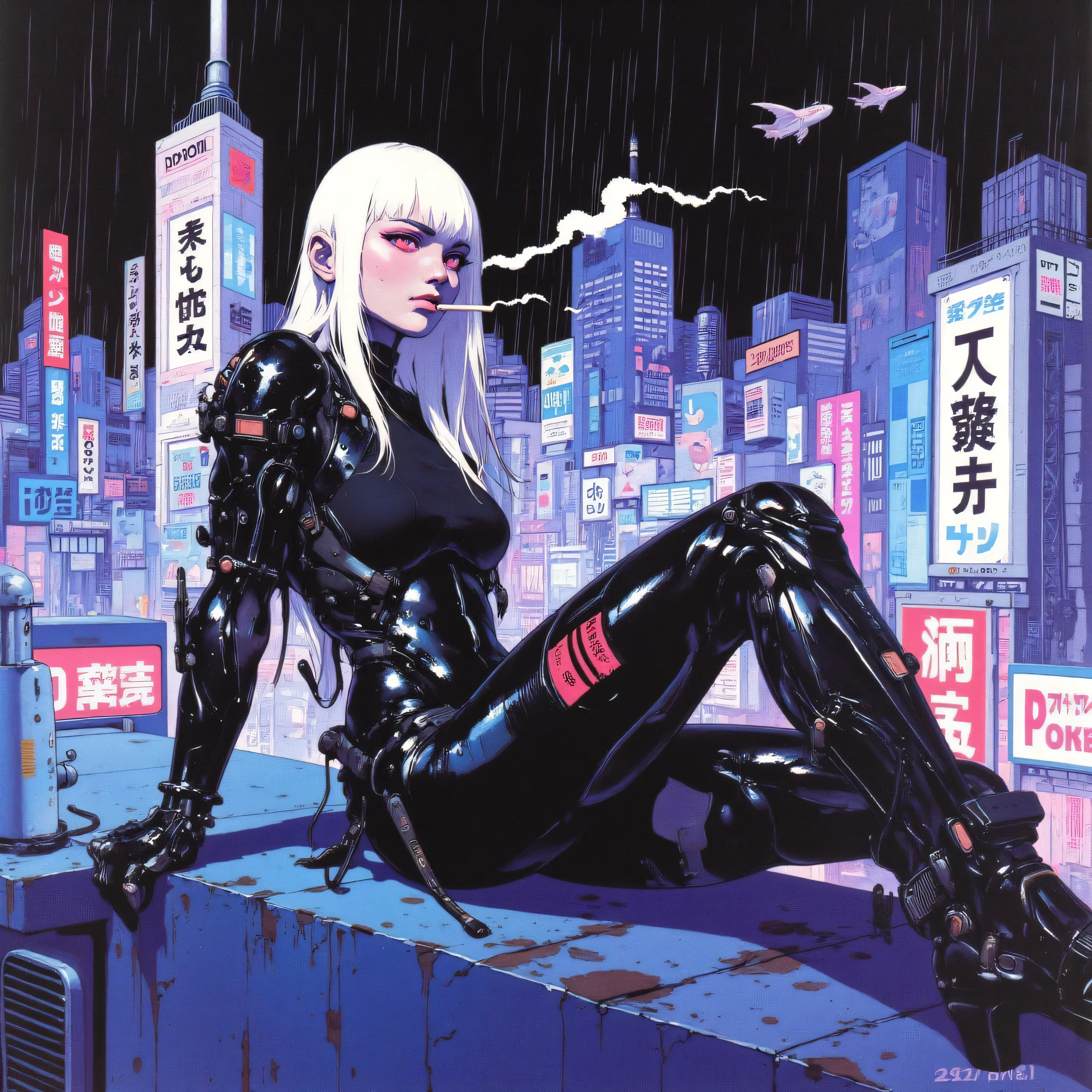 High-quality, detailed oil painting, analog vintage photography style. (Detailed image). A beautiful Japanese warrior with an sexy black cyberpunk exoskeleton and cybernetic enhancements. Neon lights adorn her exoskeleton. Her exoskeleton adapts to the contours of her body. In some areas, the protection is more severe: (Shoulder pads).
Her straight, shiny white hair is similar to a manga style. Her large, expressive purple-colored eyes convey seriousness and determination. There is a combination of beauty and seriousness. She is reclining on the rooftop of an old building smoking a cigarette. On the rooftop, there is a steam vent and a neon billboard. The composition is captured from a slightly elevated perspective (a slight overhead shot), revealing her body as she gazes out over the futuristic metropolis. The background features a dense, neon-drenched cyberfuturistic cityscape, with tall modern buildings, holographic billboards, flying vehicles, and rain reflecting the vibrant colors of Tokyo's cyber underworld. The scene is lit by suburban neon lights that contrast with the black sky, cool blues and purples of the city, which in turn contrast with vibrant pink and red neon signs. The sky is dark and the rain dense. The atmosphere is depressive, melancholic, and cinematic, with raindrops providing depth and texture. The image exudes a perfect blend of futuristic, cyberpunk, retrowave, and noir aesthetics, immersing the viewer in a high-tech cyberpunk dystopian world.