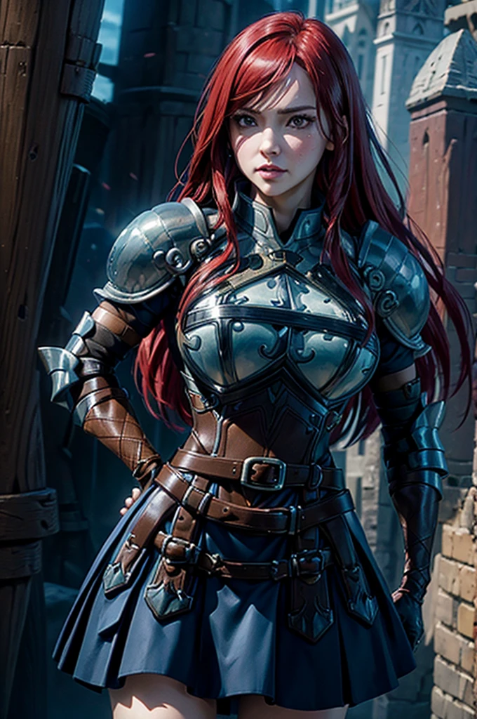 Redhead warrior, armor, medieval fantasy, D&d, RPG, ultra realistic, ultra detailed, best quality, 8k, wallpaper, steel breastplate, steel gauntlets, steel gloves, sitting, short skirt, red skirt, tiny panties, tight panties, white panties, panty view, upskirt, cameltoe, pantyshot, RAW,