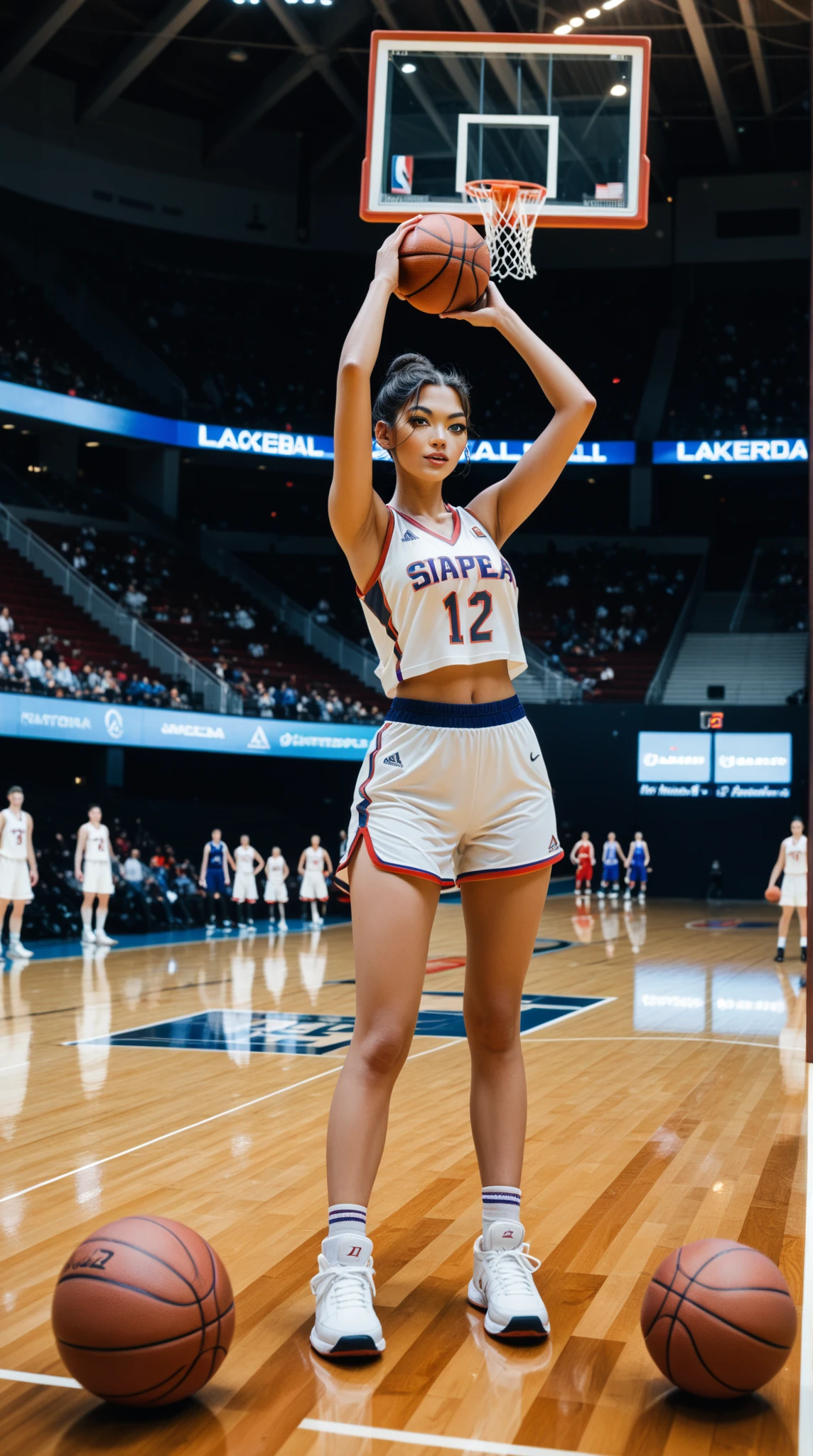 anime style, A female basketball player dropping the ball, both at the apex of the movement, Background image of a basketball court