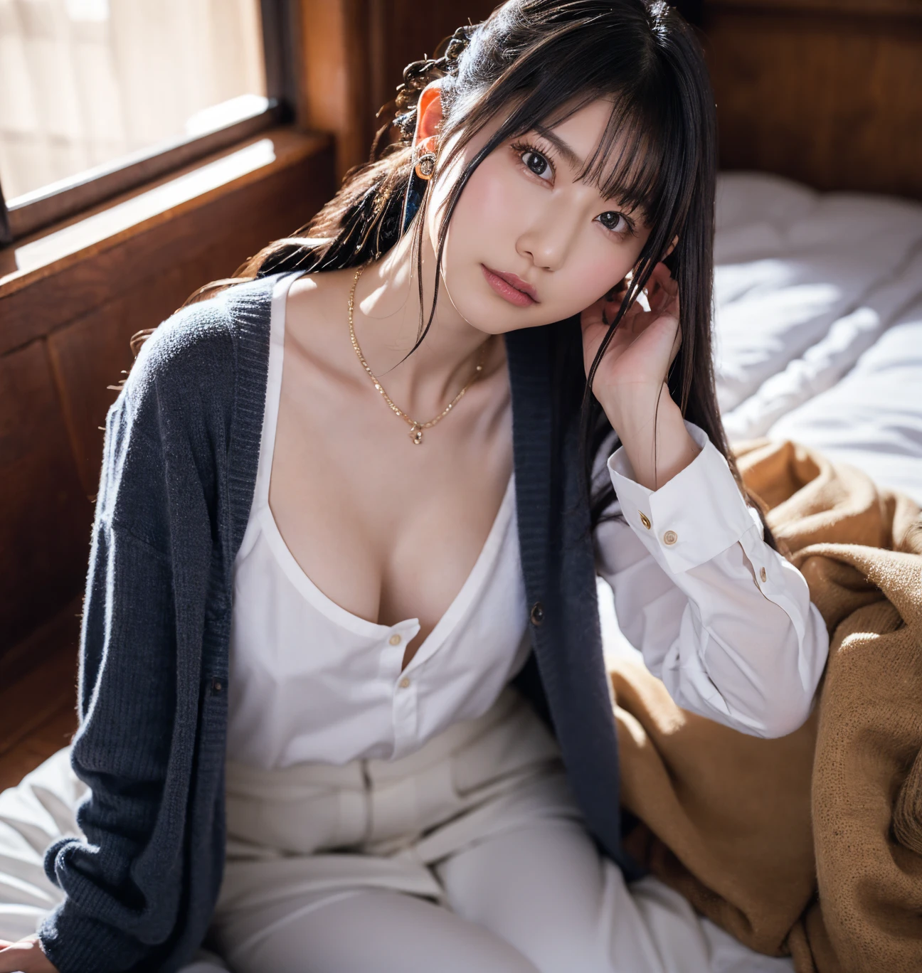There is a woman sitting on the floor with her legs crossed..., Wearing glasses, Japanese Model, Wearing glasses on, Wearing square glasses, Young Sensual Gravure Idol, Yasumoto Oka, Genuine young gravure idol, Without glasses, Yoshitomo Nara, Aoi Ogata, Wearing glassesいる, Surreal,Provocative,((Beautiful Skin)),((Skin Texture)),((Real Touch)), healthy, unreddish skin, Cute freckles on the cheeks,Mole under left eye,