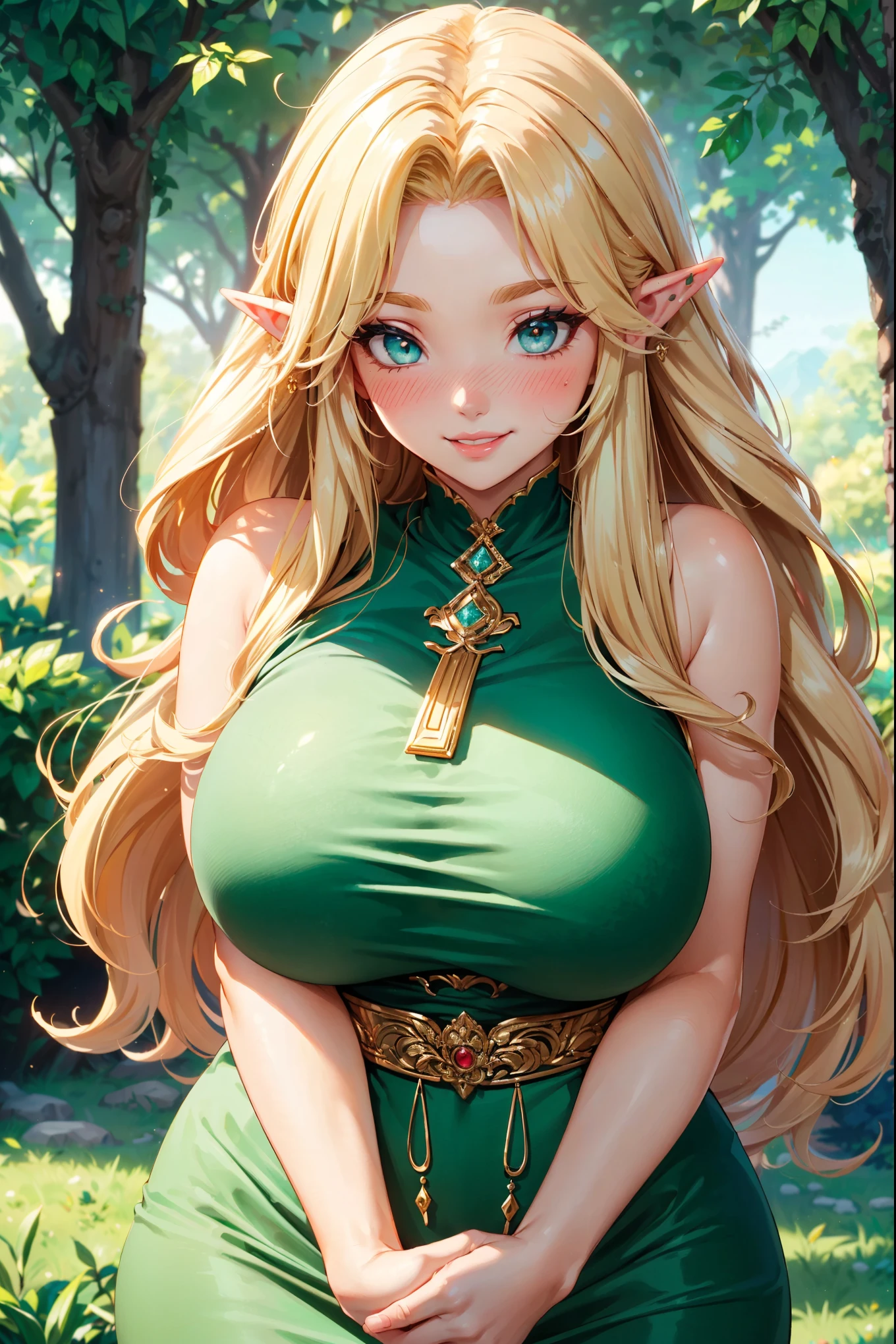 (Best Quality,Unparalleled Masterpiece:1.4),Ultra-Detailed CG 4K,(Ultra-Detailed Clear Absurdly-Vivid Mint Big Eyes:1.2),Gorgeous Round Detailed Face(Voluptuous:1.4)Elf(Gigantic Breasts:1.8)(Voluminous Long Blonde Hair: 1.4),ADULT(Bangs, Sidelocks:1.2)Seductive(intricately detailed beautiful dress:1.3)(Zelda)(Celestine Lucullus: 1.2)(Solo:1.4)(1Girl: 0.5)(Facing Viewer:1.2)(arms behind back:1.2)(Cowboy Shot:1.2)(from above:1.1),Skindentation(Curvaceous:1.4)(Curvy:1.4)(Bimbo: 1.4)(Normal Waist: 1.2)(Thick Lips: 1.3)small-nose(light smile: 1.2)Rocks,Trees, Plants,Bush, (shy blushing face:1.4) dynamic pose