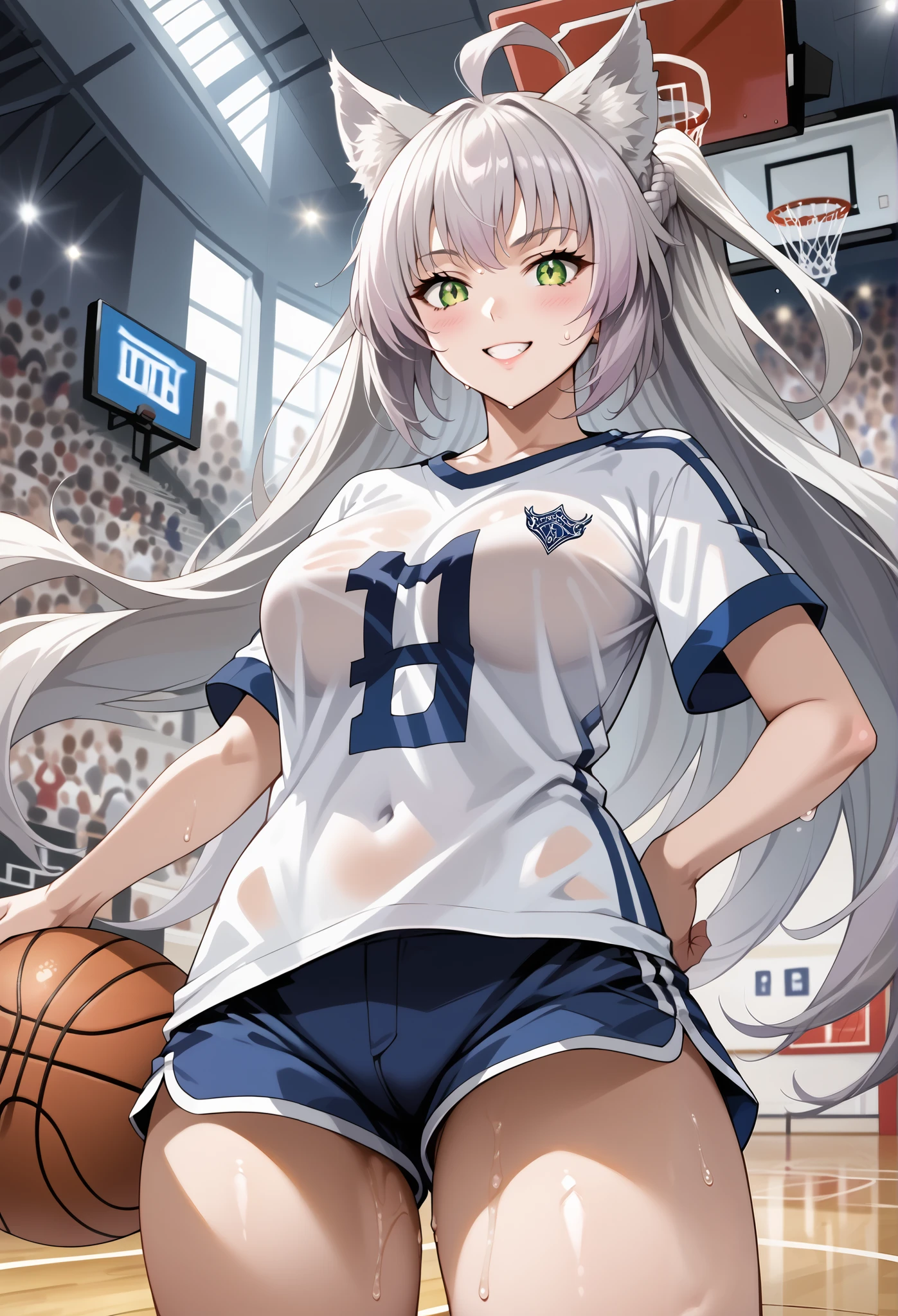 score_9, score_8_up, score_7_up, source_anime, 4K,perfect fingers,(perfect hands, perfect anatomy),prefect lighting, very aesthetic, intricate details,highly detailed background, masterpiece, high quality, best quality,
1girl,((solo)) ,atalanta, green eyes, slit pupils, grey hair, long hair, ahoge, animal ears, cat ears, , Large breasts,,
wearing ((very transparent white basketball shirt and very short pants up to the waist and the pants are inserted through the center of her vagina,  )),,
The girl is playing basketball and she is wet and she is putting in a basket and the public is very happy,