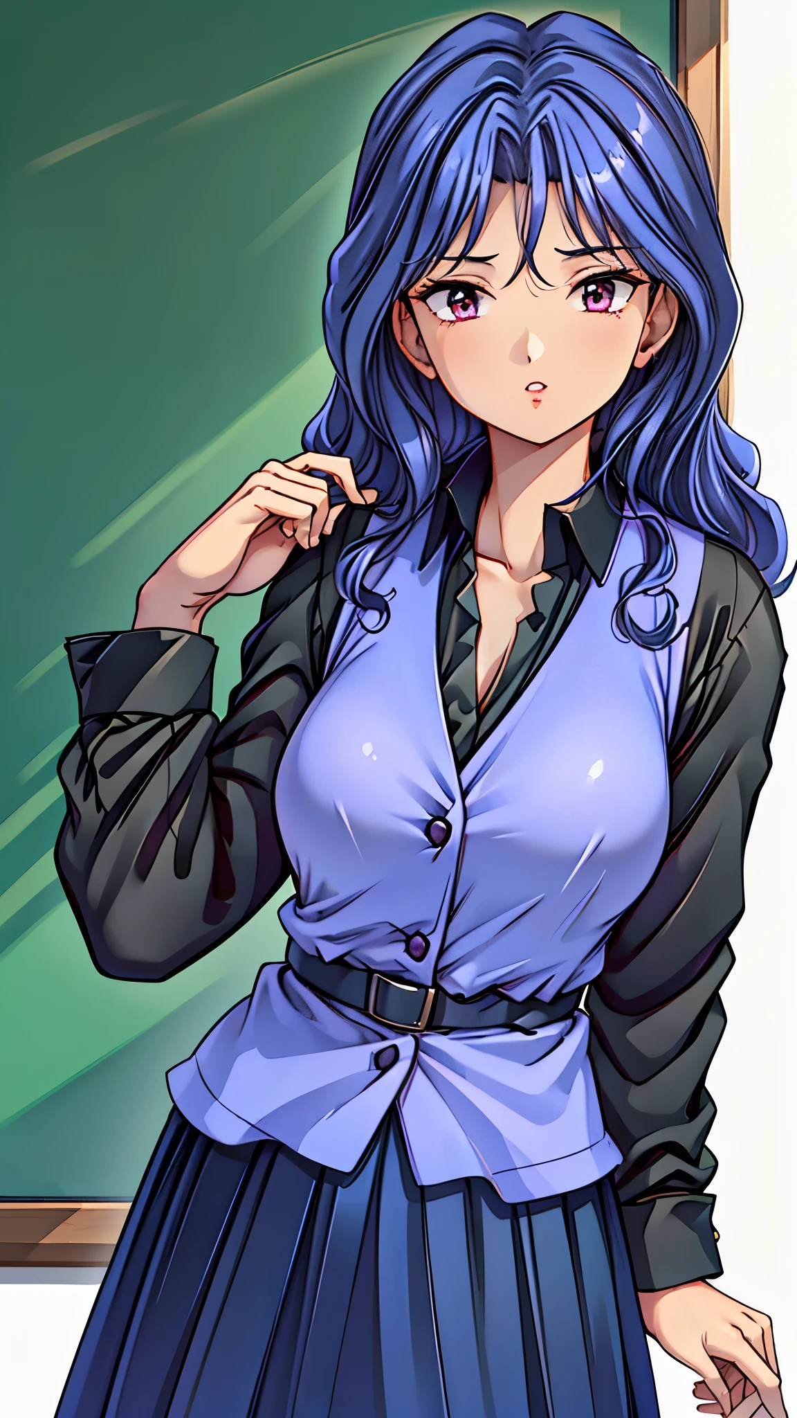(super quality,super high resolution,16k,Super Masterpiece,Ultra HD ,detailed shading and background,)Sexy Female Teacher ,long black hair, long sleeve black shirt,Purple vest,The Valley of the Chest,cover,Open your lips a little,in front of the blackboard,