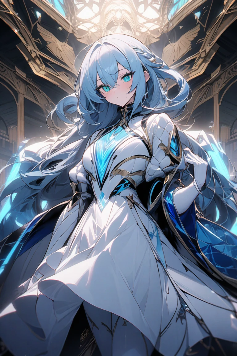 1girl, with light glowing, whaite hair，blue color eyes，Steam wind