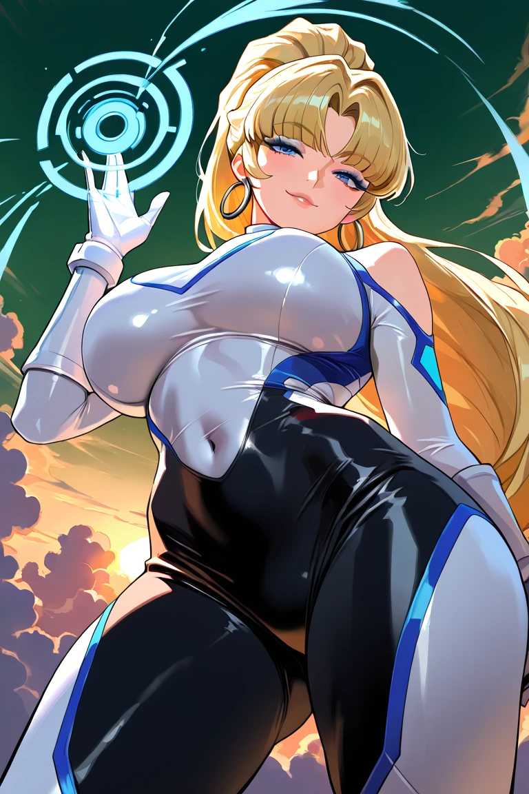 masterpiece, white bodysuit, full body shot, ass crack, cleavage, gorgeous woman, clone, barcode, blonde, slave collar