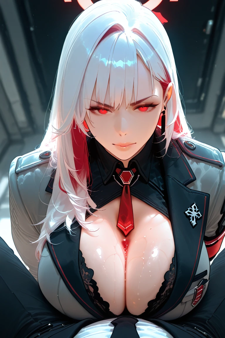 Beautiful girl, white hair, red eyes, black clothes, big breasts, cleavage,