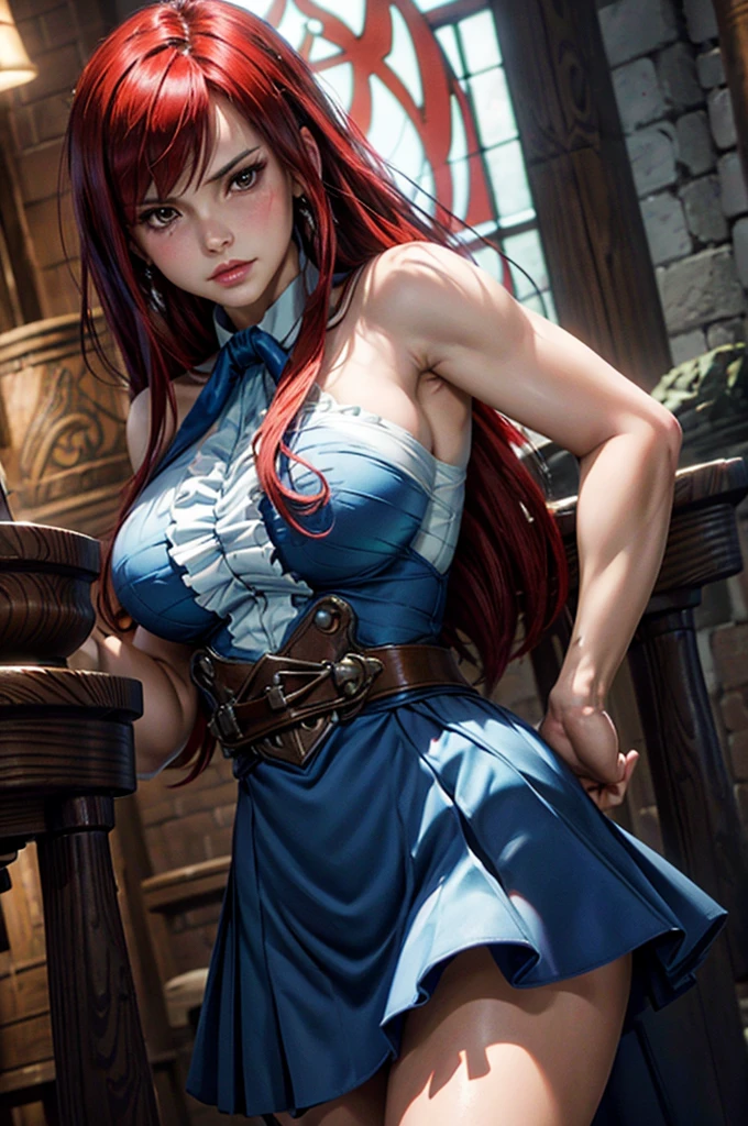 (photo of female citizen:1.3) 1girl, solo, small breasts, looking at viewer, smile, hair ornament, cleavage, dress, bare shoulders, jewelry, collarbone, upper body, red hair, flower, teeth, solo focus, hair flower, necklace, blurry, strapless, tattoo, depth of field, blurry background, (realistic:1.3) crowd, (in a medieval tavern:1.1), 8k, cinematic, fantasy