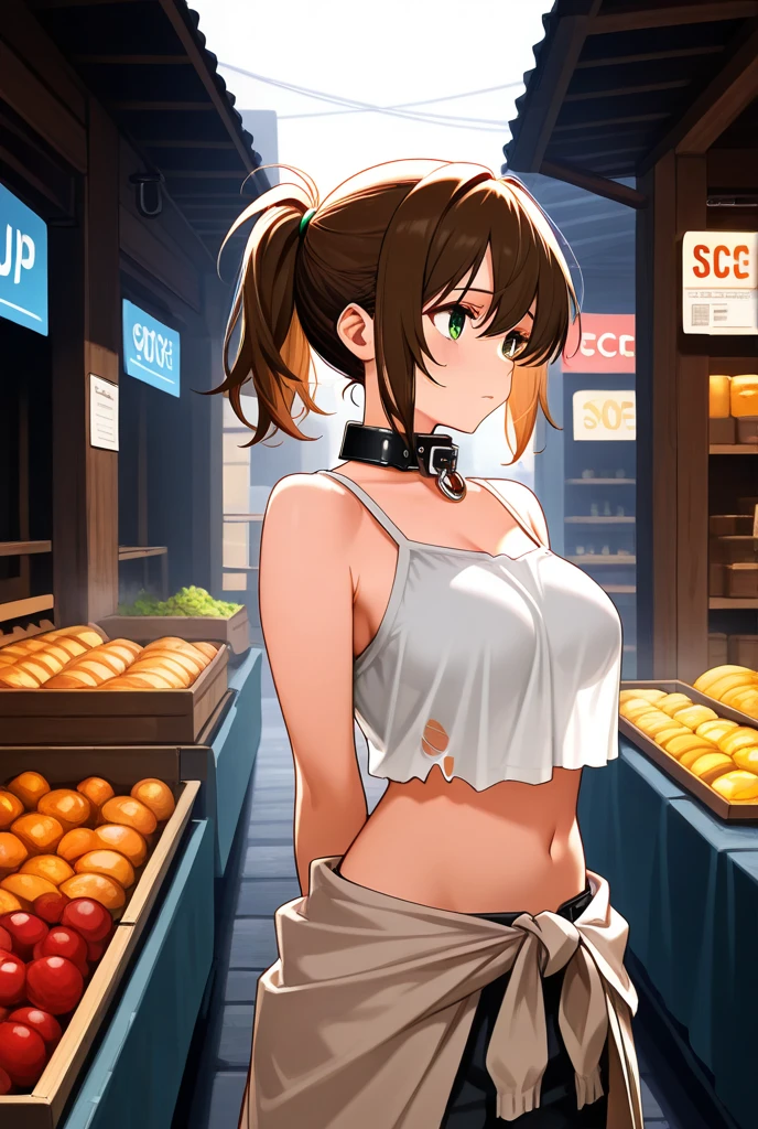 short hair, Beach House, Swimwear, counter, Fast food clerk, Fast Food Worker, Misaka Mikoto, 1girl, black choker, uhd, retina, masterpiece, ccurate, anatomically correct, textured skin, super detail, high details, high quality, best quality, highres, 4K