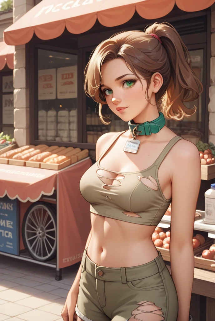Cartoon IP image,3D modeling rendering effects,Datouhe ,Bubble Mart style,The whole body is brown,Have big eyes,her clothes are slutty,breasts showing. stand up,positive view,4K