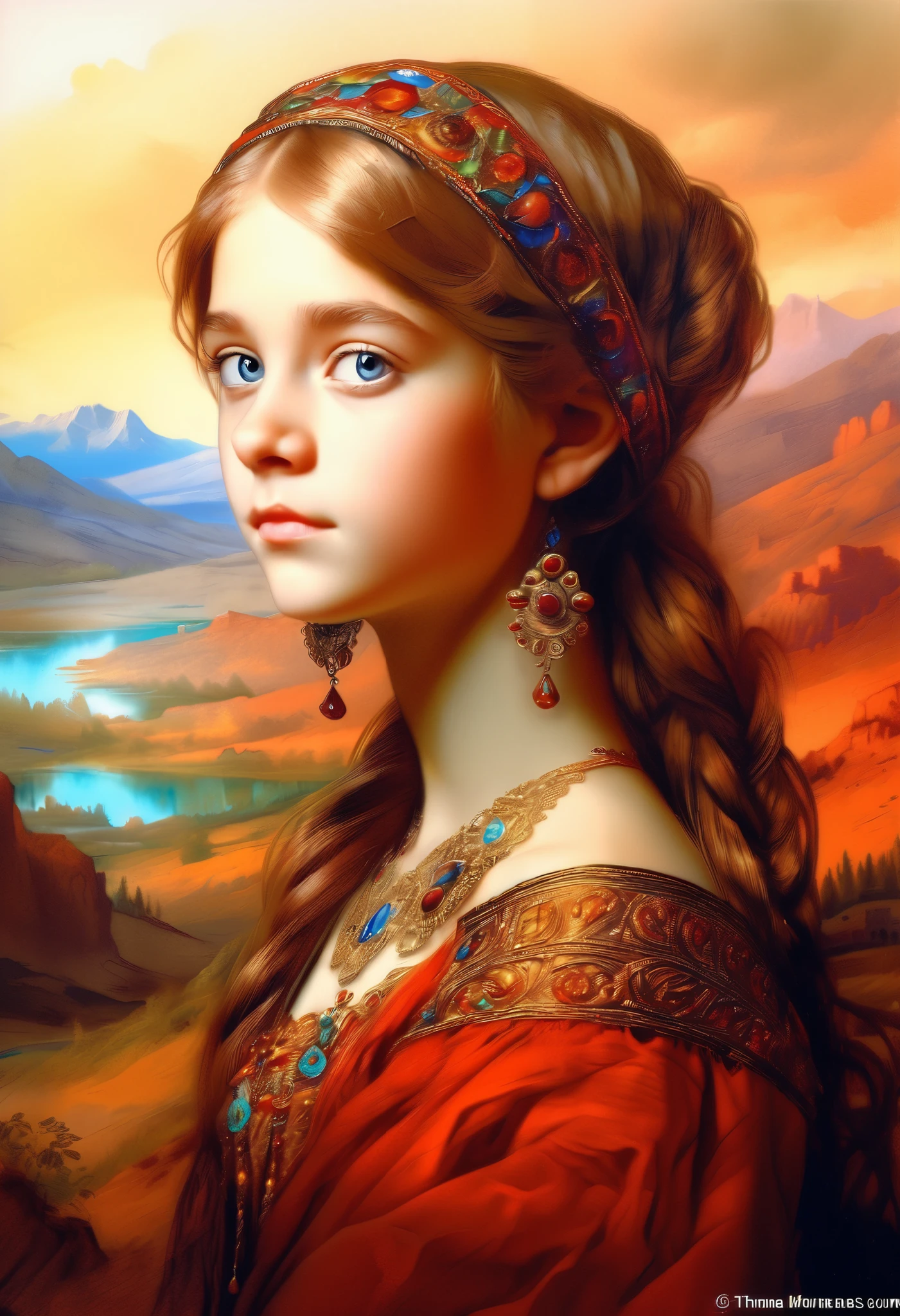 [[((Khokhloma painting), young Hera Hilmar with brown hair / Style  (Created by Thomas-Moran)[ Sienna:0.33 / tape:0,2 / henna:0,33 / Crimson:0,2,  Very colorful Russian landscape, ((scuffed oil painting ))((  Masterpiece )),((   highest detail))]]