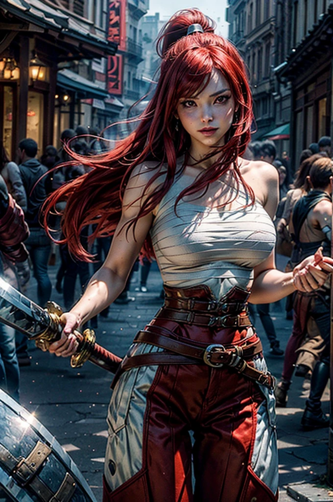 masterpiece, best quality, brilliant details, cinematic lighting, exciting perspective, young pretty woman, beautiful face, perfect eyes, big firm breasts, perfect proportions, Nordic type, flawless skin, textured skin, topless, cameltoe, cinematic pose, red hair, Viking warrior woman, Arctic coast