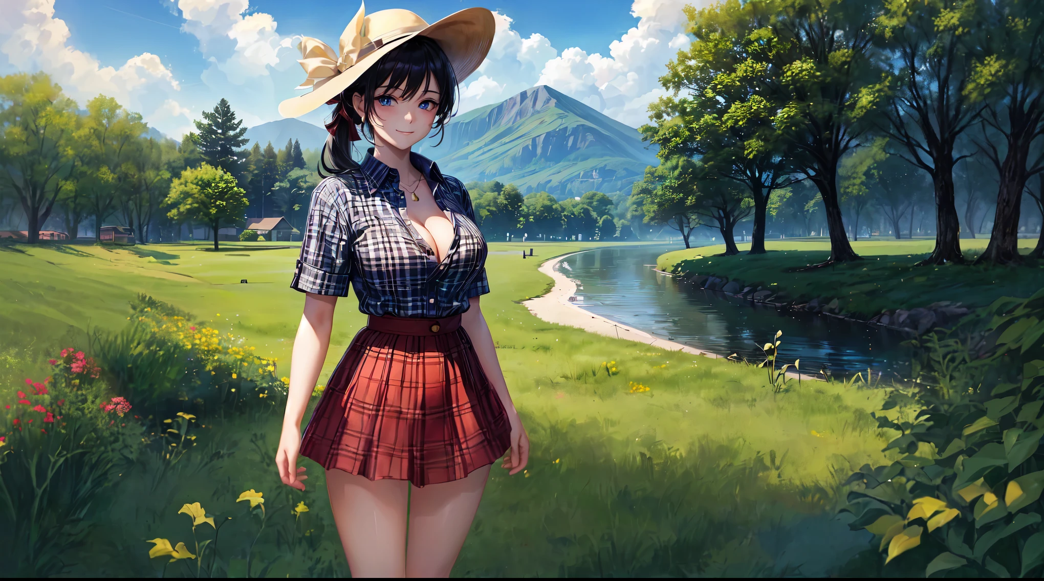 1girl, solo, rural landscape, village, trees, sun, clouds, fantasy, black hair, ponytail, large breasts, button down shirt, ((red checked shirt)), ((short sleeved shirt)), ((unbuttoned shirt)), popping buttons, unbuttoning buttons, cleavage 1:3, blue eyes, dark skirt, smile, looking at the viewer, standing, hair ribbon, golden necklate, elegant white hat