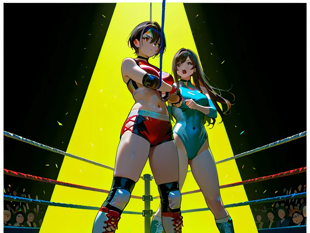 NSFW ,Side View , Fullbody shot , Female boxing Face to face, Wear wonderwoman leotard , So huge breasts.