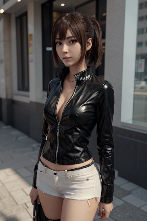((Highest quality, 8k, masterpiece :1.3)), (Sharp focus :1.2, Beautiful woman with perfect figure :1.4, Slim Abs :1.2), ((Big Breasts, Emphasize cleavage:1.3)), (Photorealistic:1.4), (realistic:1.4), (Short Bob Hair, Light brown hair:1.5), Highly detailed face and skin texture, Fine grain, double eyelid. Makeup face, A little bit of lipstick, sex appeal, Sexy gravure pose, ((A model wearing a black leather jacket and a mini skirt、With the night view of the city in the background、Sexy pose。Accessorize with a studded choker。:1.3)