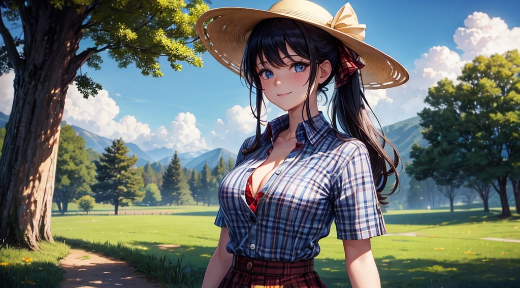 1girl, solo, rural landscape, village, trees, sun, clouds, fantasy, black hair, ponytail, large breasts, button down shirt, ((red checked shirt)), ((short sleeved shirt)), ((unbuttoned shirt)), popping buttons, unbuttoning buttons, cleavage 1:3, blue eyes, dark skirt, smile, looking at the viewer, standing, hair ribbon, golden necklate, elegant white hat