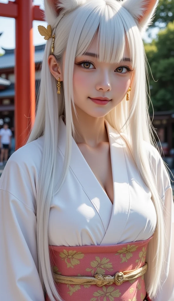 professional portrait photograph of a gorgeous beautiful sexy girl in the most beautiful highly detailed open layed kimono with sash and ribbons with ((long wavy platinum white hair)), sultry flirty look, freckles, gorgeous symmetrical face, cute natural makeup, massive accentuated super huge enormously gigantic breasts, cherry blossoms blowing in the wind Shinto shrine background