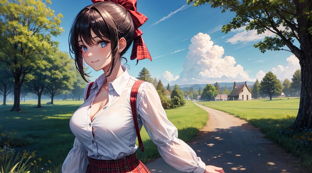 1girl, solo, rural landscape, village, trees, sun, clouds, fantasy, black hair, ponytail, large breasts, button down shirt, ((red checked shirt)), ((short sleeved shirt)), ((unbuttoned shirt)), popping buttons, unbuttoning buttons, cleavage 1:3, blue eyes, dark skirt, smile, looking at the viewer, standing, hair ribbon, golden necklate, elegant white hat