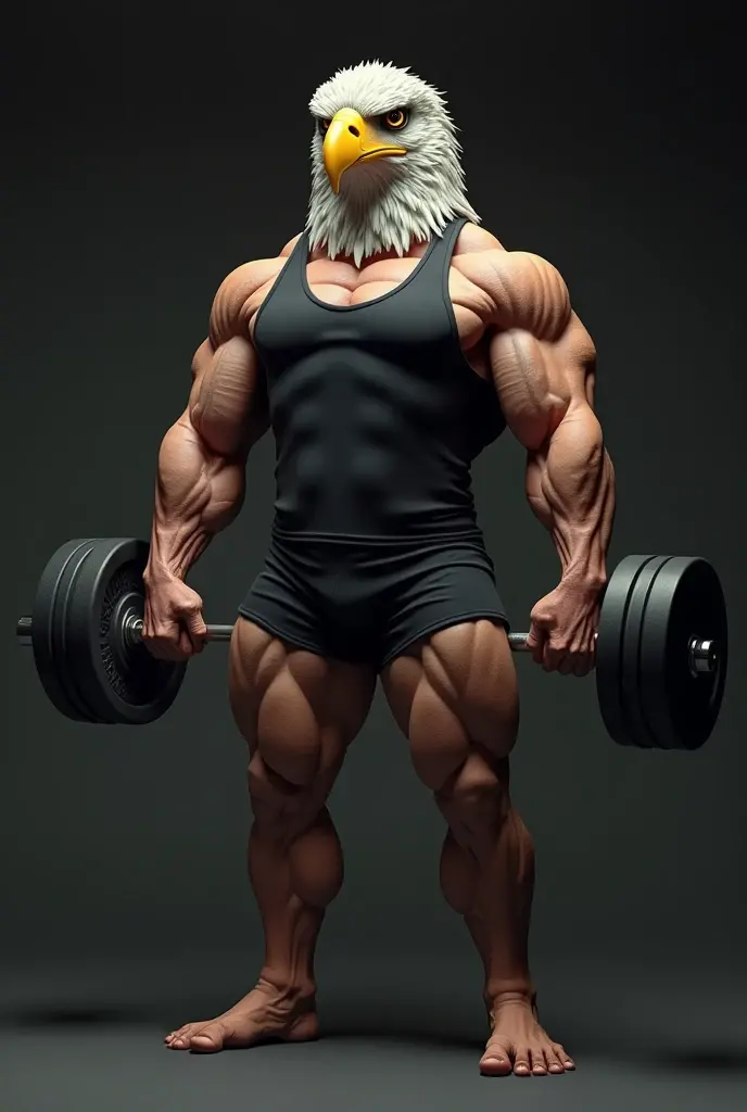 muscular The King, Eagle head, lifting 2 dumbbells , normal expression, sheen, an anthropo, one year, extremely detailed muscle, detailed Face, Face, detailed eyeballs, eyeballs, Pose dinânica, legs thick, realistic rendering, CG realistic, realistic 3D, fot, fund, black tank top, women's shorts