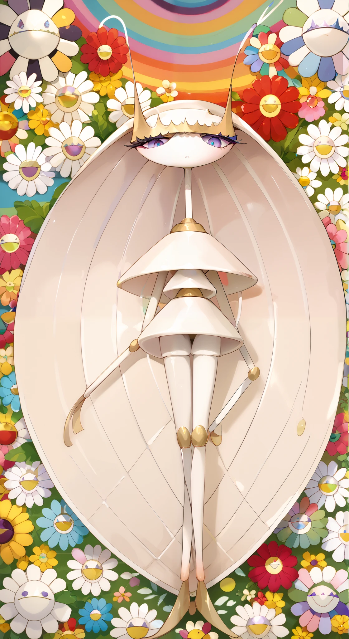 in style of Takashi Murakami,(Pheromosa from Pokemon:1.0), (pheromosa:1.0),(harmony of flower), intricate digital painting, (mechanical flower), highly intricate and colorful, dark but detailed digital art, Highly detailed symmetry, detailed digital artwork, Symmetrical intricate details, plethora of colors,colorful intricate masterpiece,(Geometric pattern background:1.5),frontage、Sticker style,((over view)),(portrait),((Flower-patterned pheromosa:1.6))