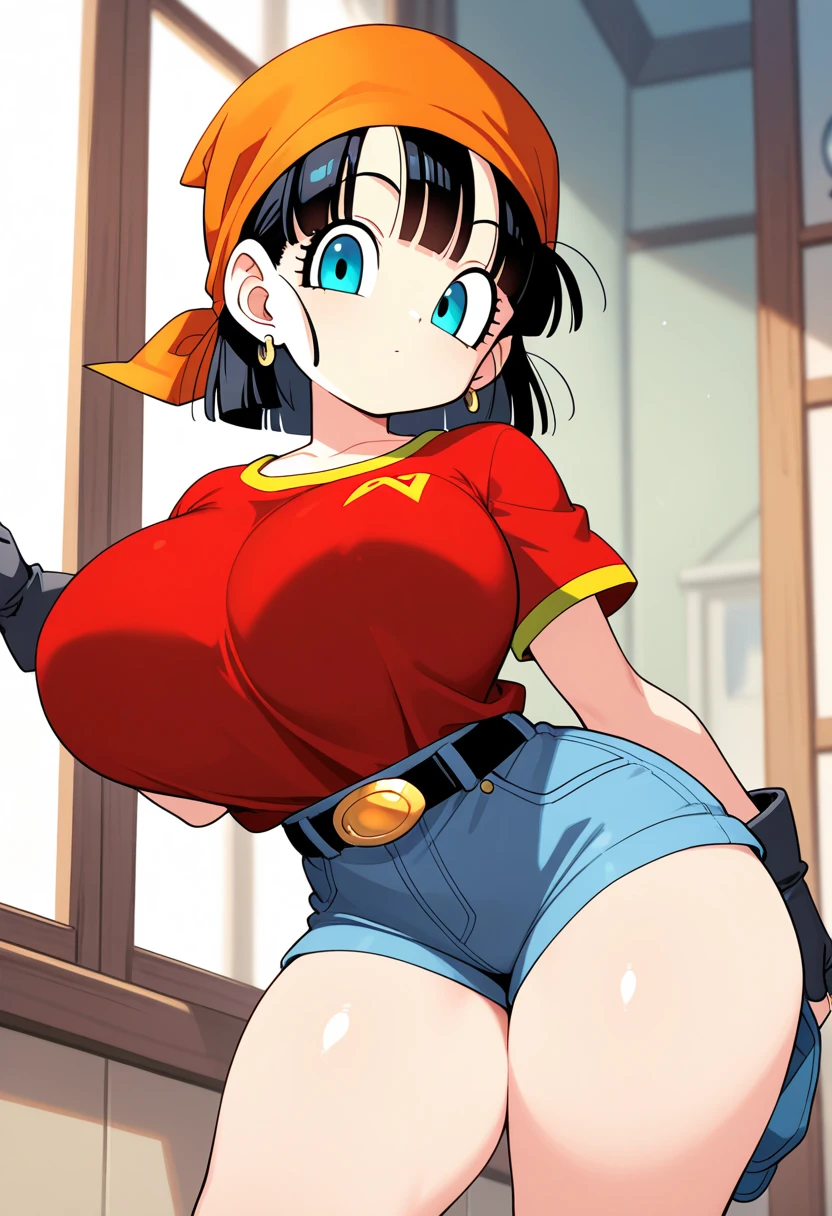 masterpiece, best quality, ultra-detailed, illustration,masterpiece, Best quality, high resolution, high resolution, dragonballpan, pan gt, short hair, black hair, gloves, short sleeves, black gloves, belt, pants, fingerless gloves, (black eyes:1.5), (red shirt:1.5), black belt, bandana, ((orange bandana)), female ,(( grey pants)), cleavage,beautiful detailed eyes, looking at viewer in a seductive look, close up, (both hands holding her tits:1.2), (from above:1.1),((small sized breasts)), attempt to seduce, sitting,(blush),(big sized ass),(wide thighs:1.3),(pov,closed shot:1.2),,nipples,((show nipples:1.5)),((show tits:1.5)),(wide thighs:1.4) ,(grey pants)