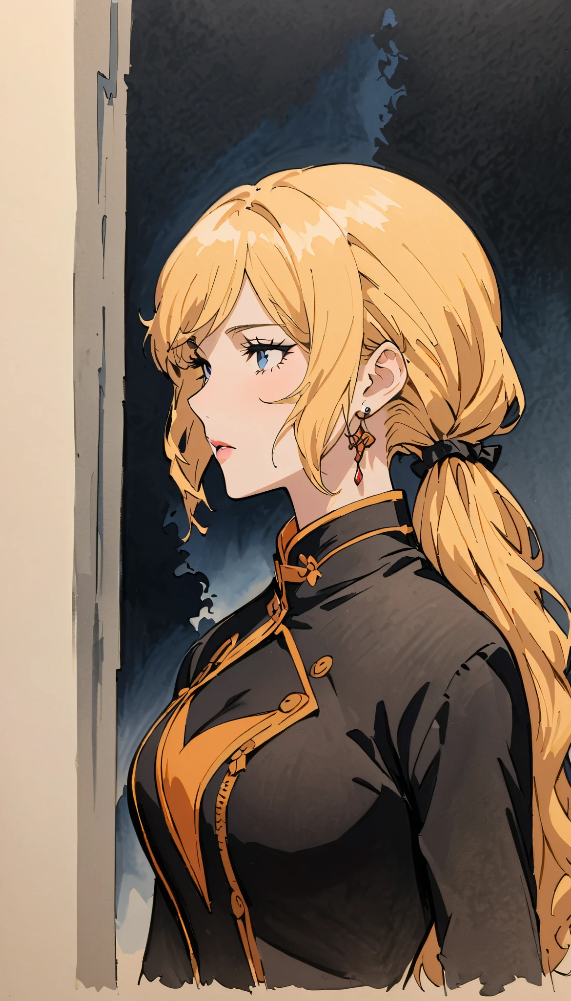 vintage movie, girl, wavy blonde hair, woman body, black top, black bodycon skirt, black boots, dark room, Silhouette of clouds, traditional media, Contemplative. yang xiao long from rwby, ((perfect nose)), ((beautiful earnings in he ears))